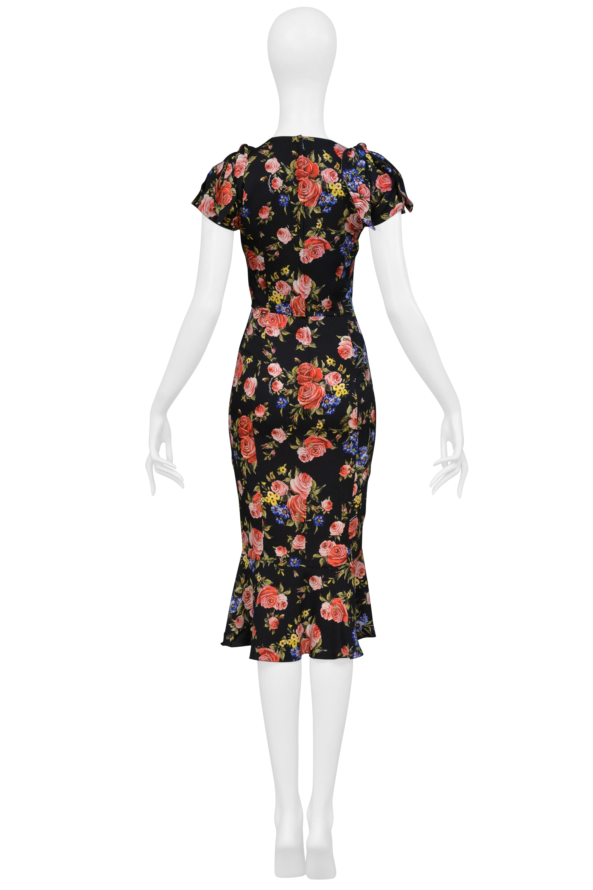 DOLCE & GABBANA BLACK FLORAL SILK DRESS WITH BUTTON APPLIQUES 2017