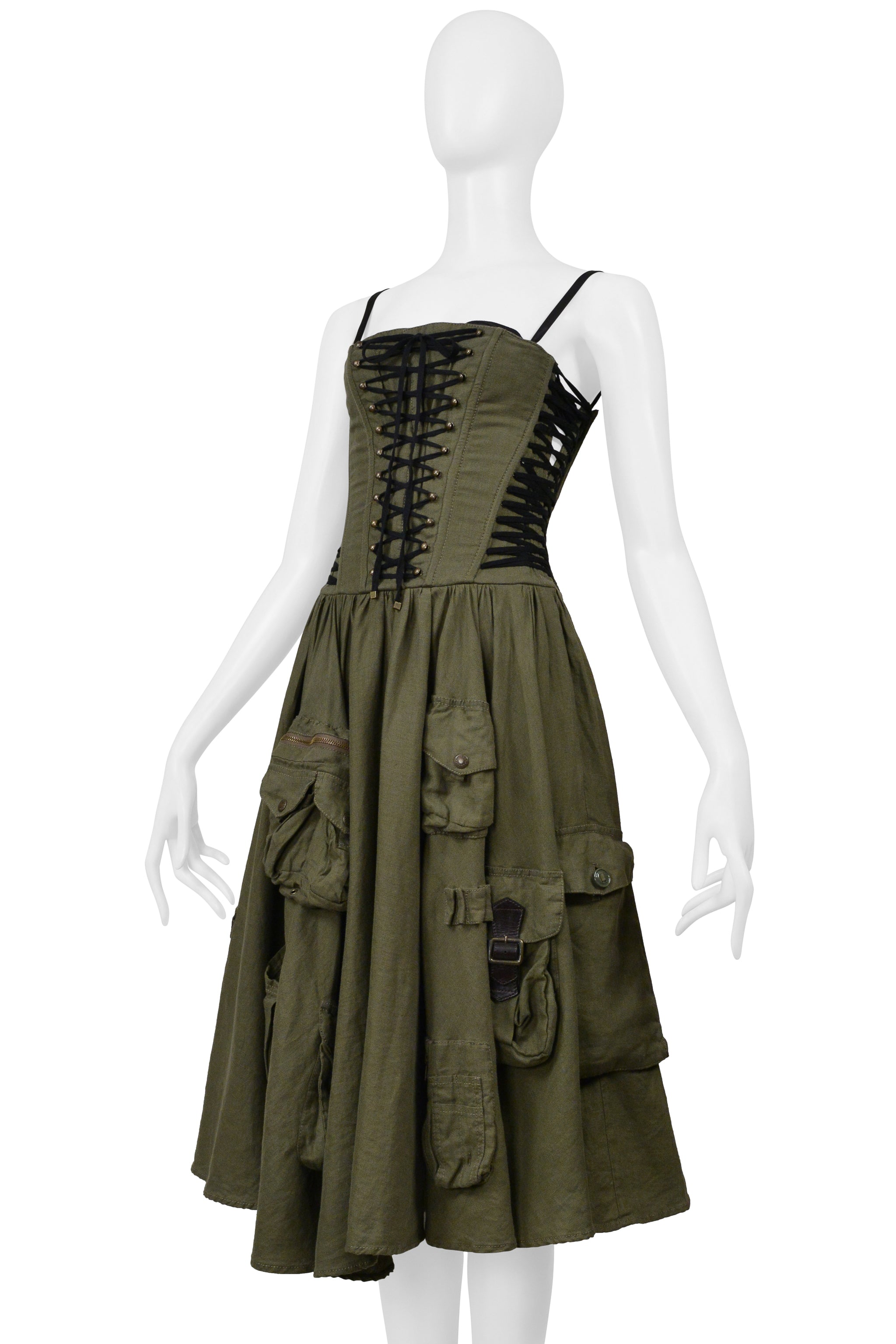 DOLCE & GABBANA ARMY GREEN LINEN CARGO CORSET DRESS 2002