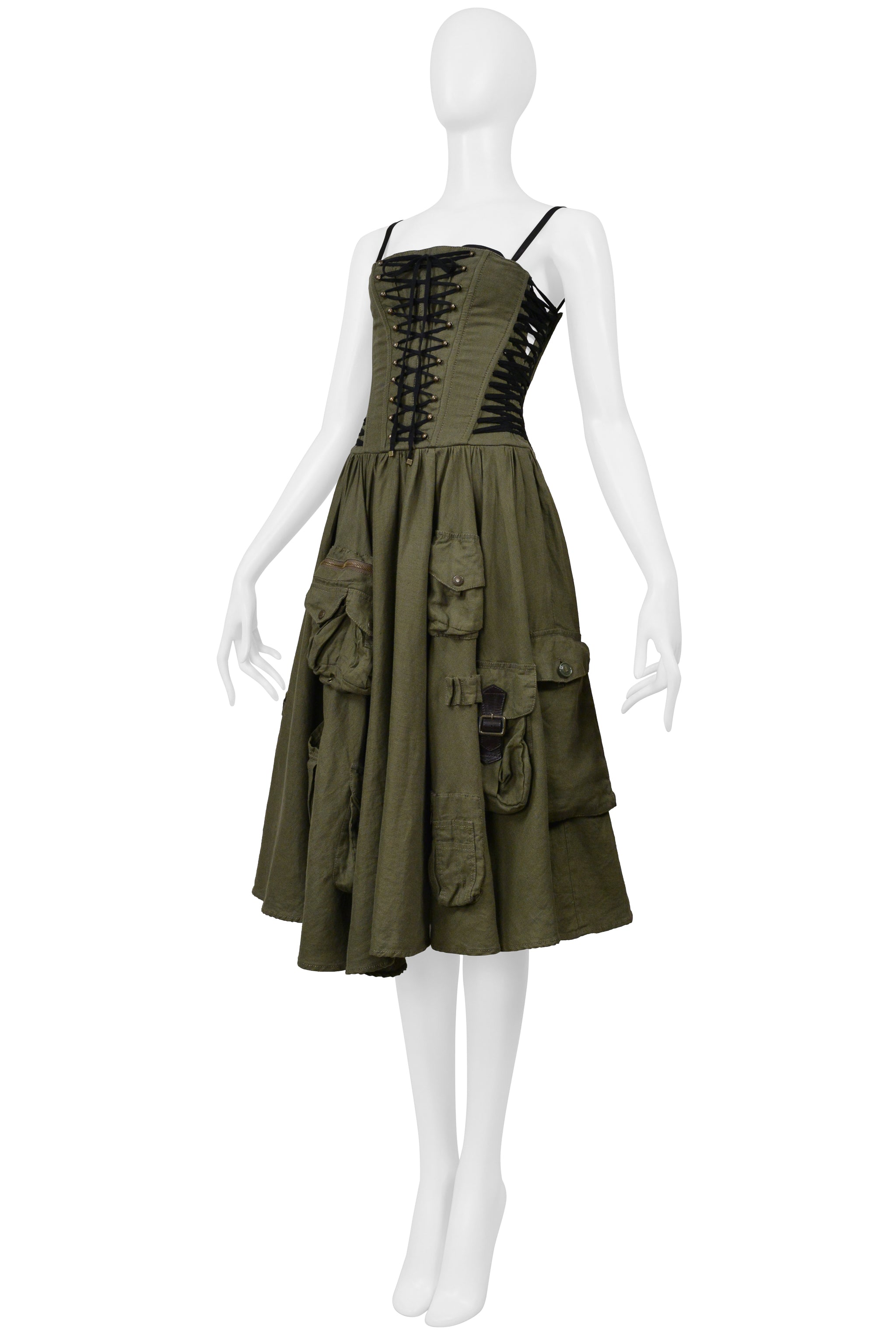 DOLCE & GABBANA ARMY GREEN LINEN CARGO CORSET DRESS 2002