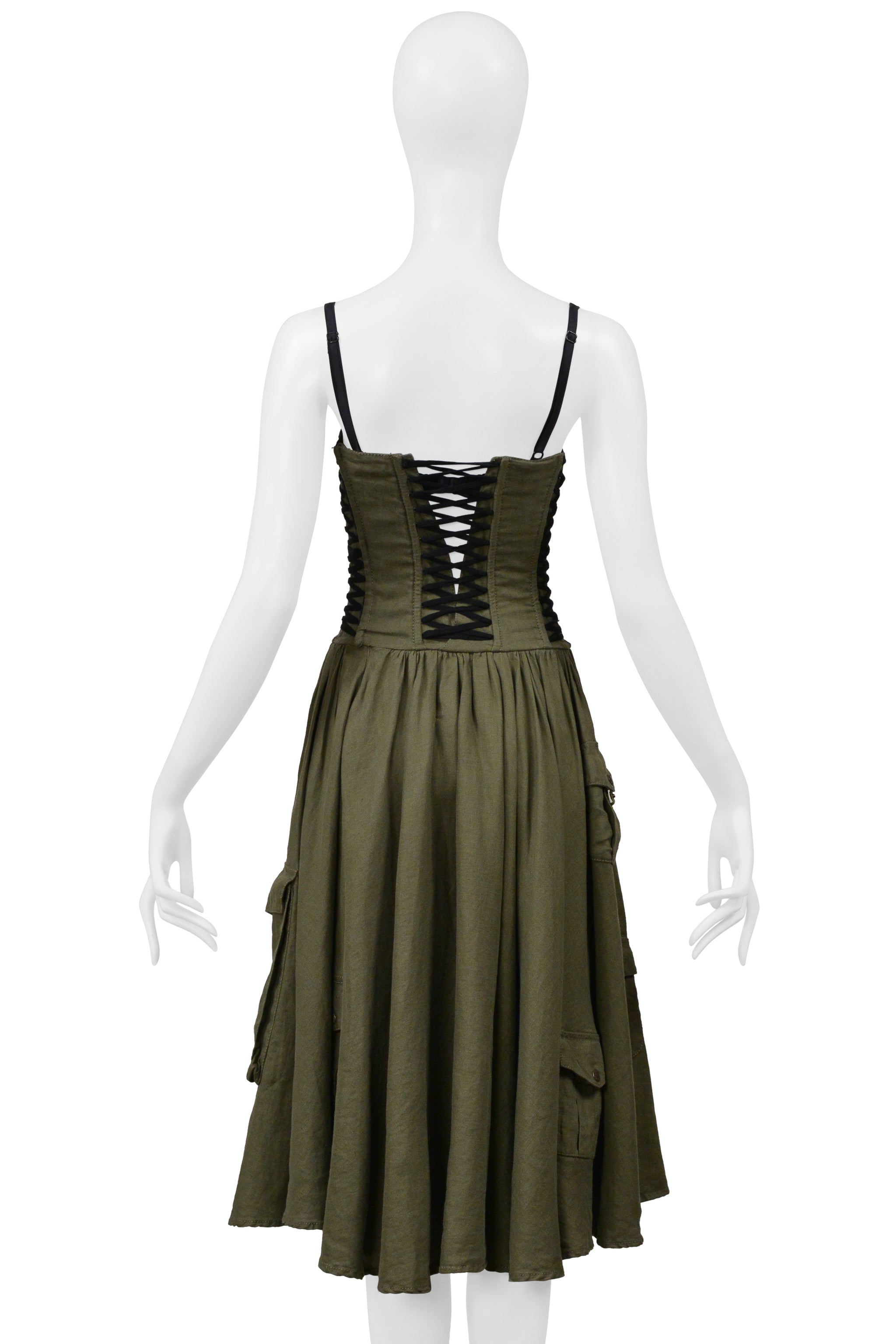 DOLCE & GABBANA ARMY GREEN LINEN CARGO CORSET DRESS 2002