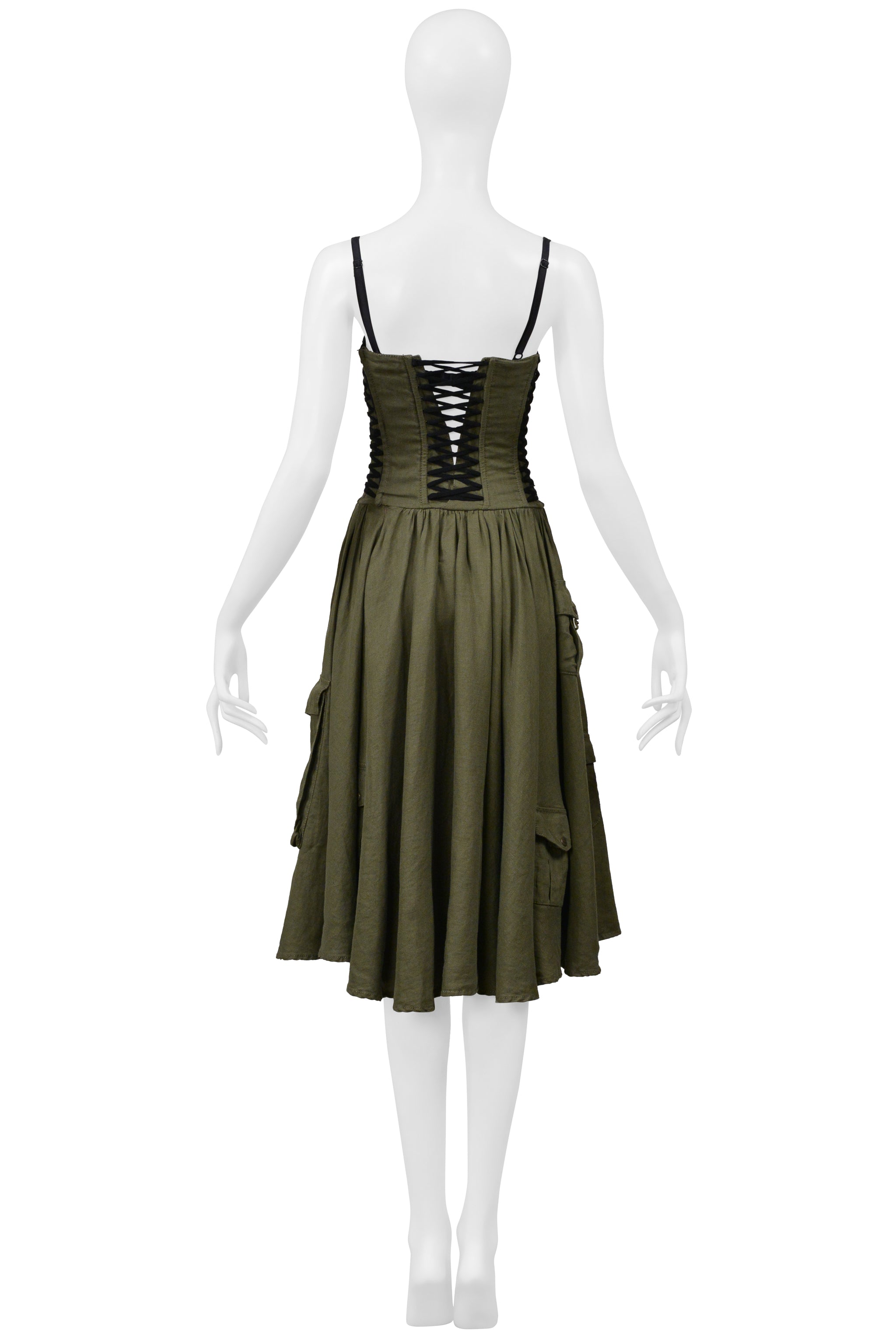 DOLCE & GABBANA ARMY GREEN LINEN CARGO CORSET DRESS 2002