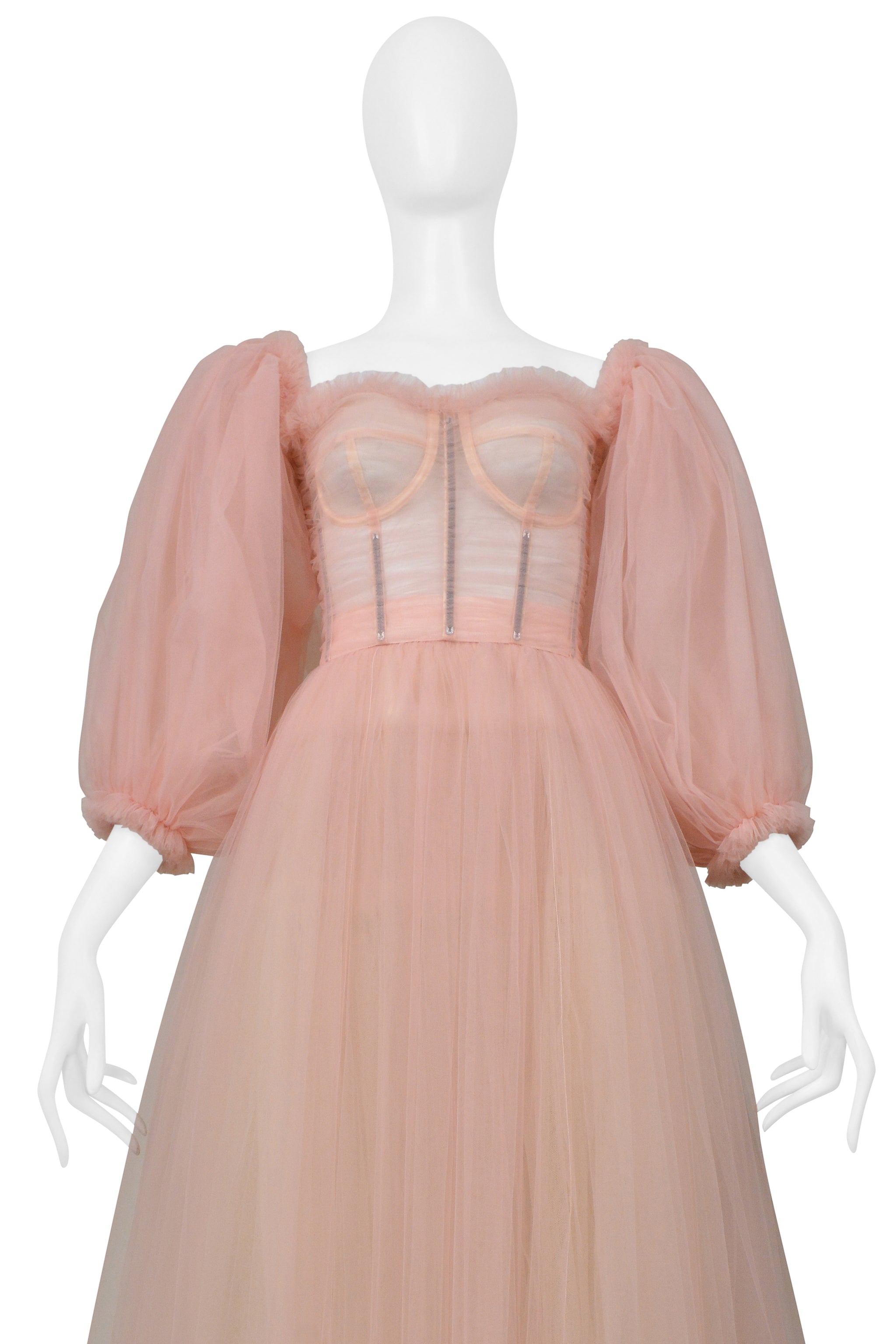 DOLCE & GABBANA BALLET PINK SHEER CORSETED TULLE GOWN WITH PUFF SLEEVES