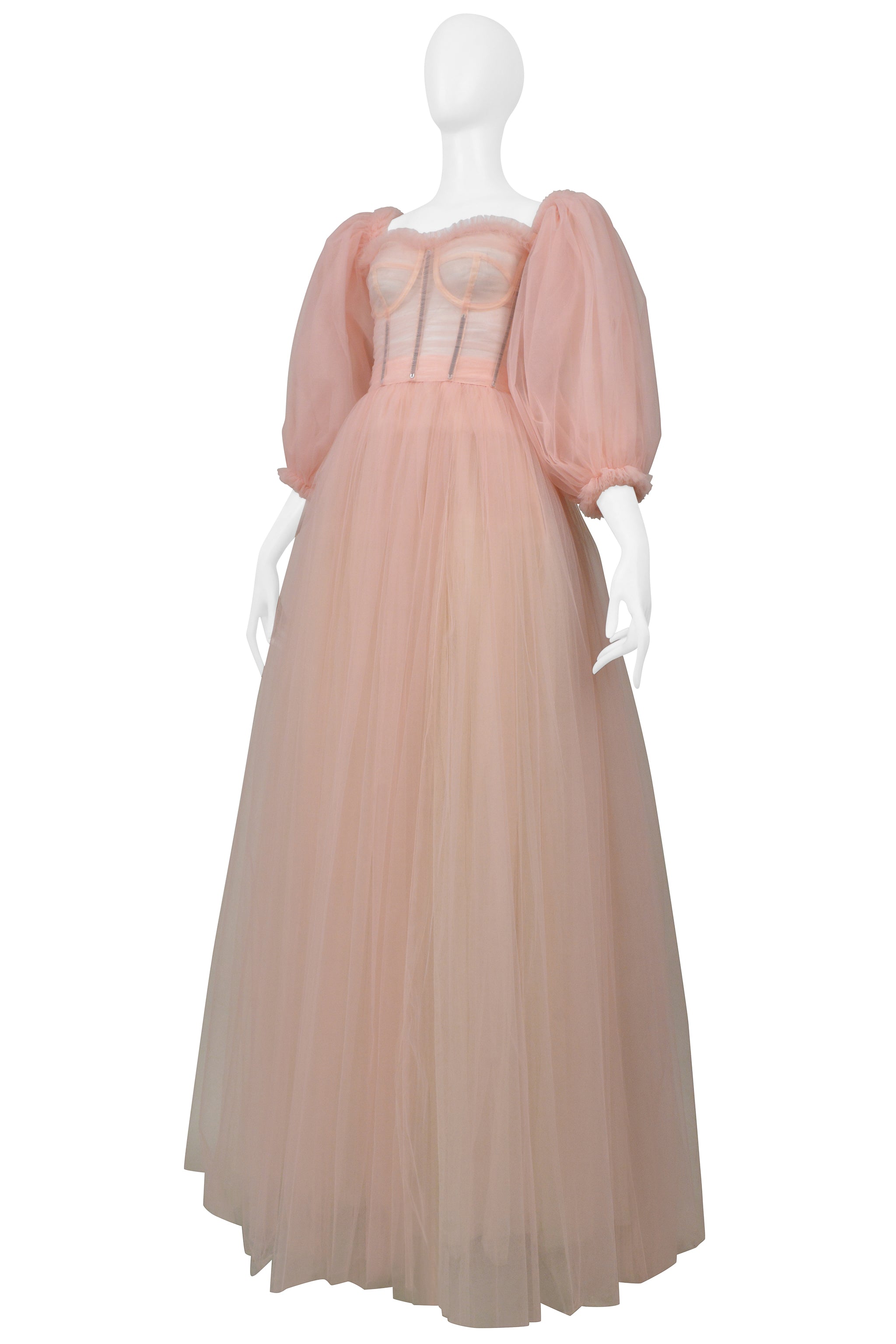 DOLCE & GABBANA BALLET PINK SHEER CORSETED TULLE GOWN WITH PUFF SLEEVES