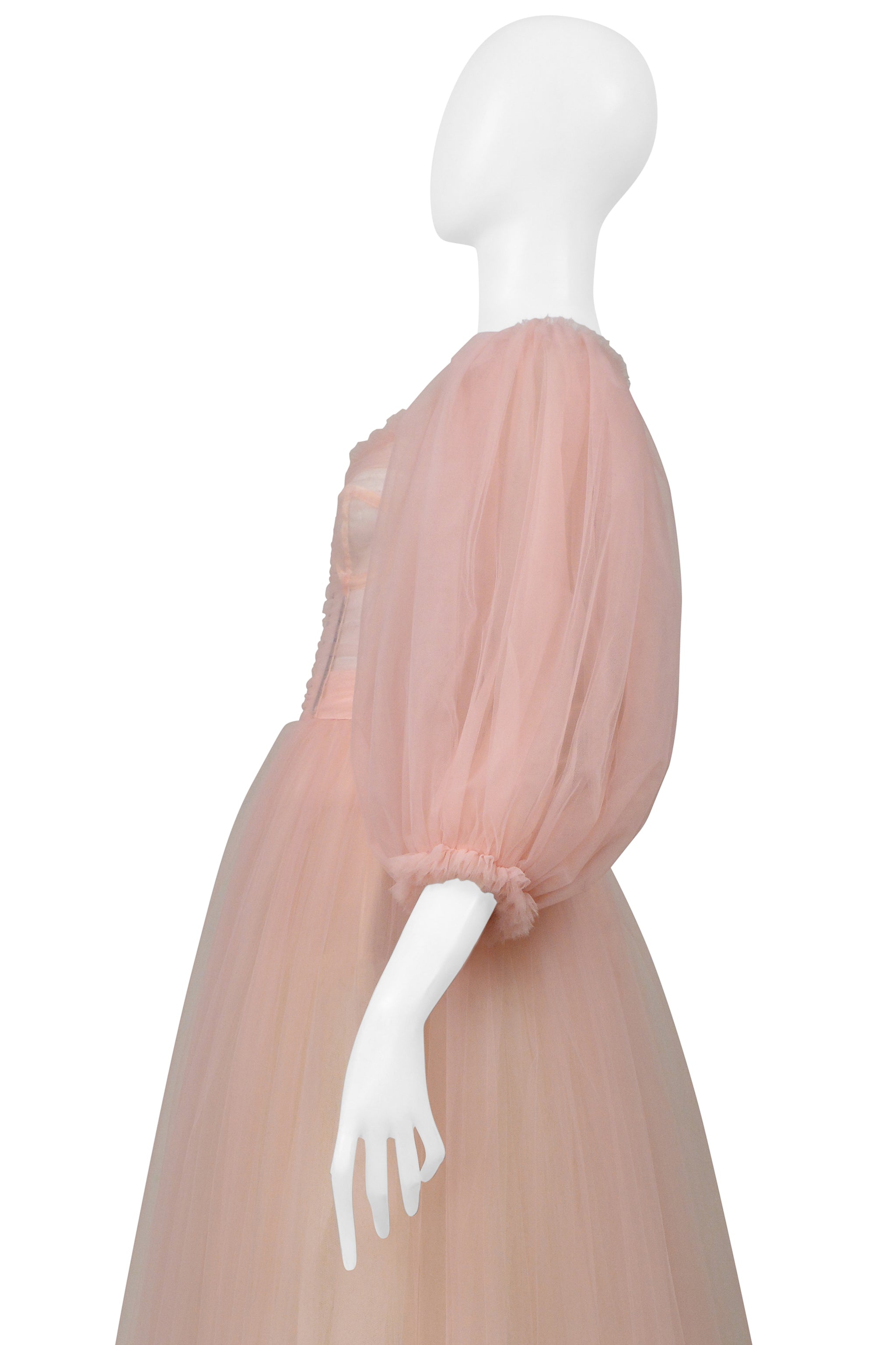 DOLCE & GABBANA BALLET PINK SHEER CORSETED TULLE GOWN WITH PUFF SLEEVES