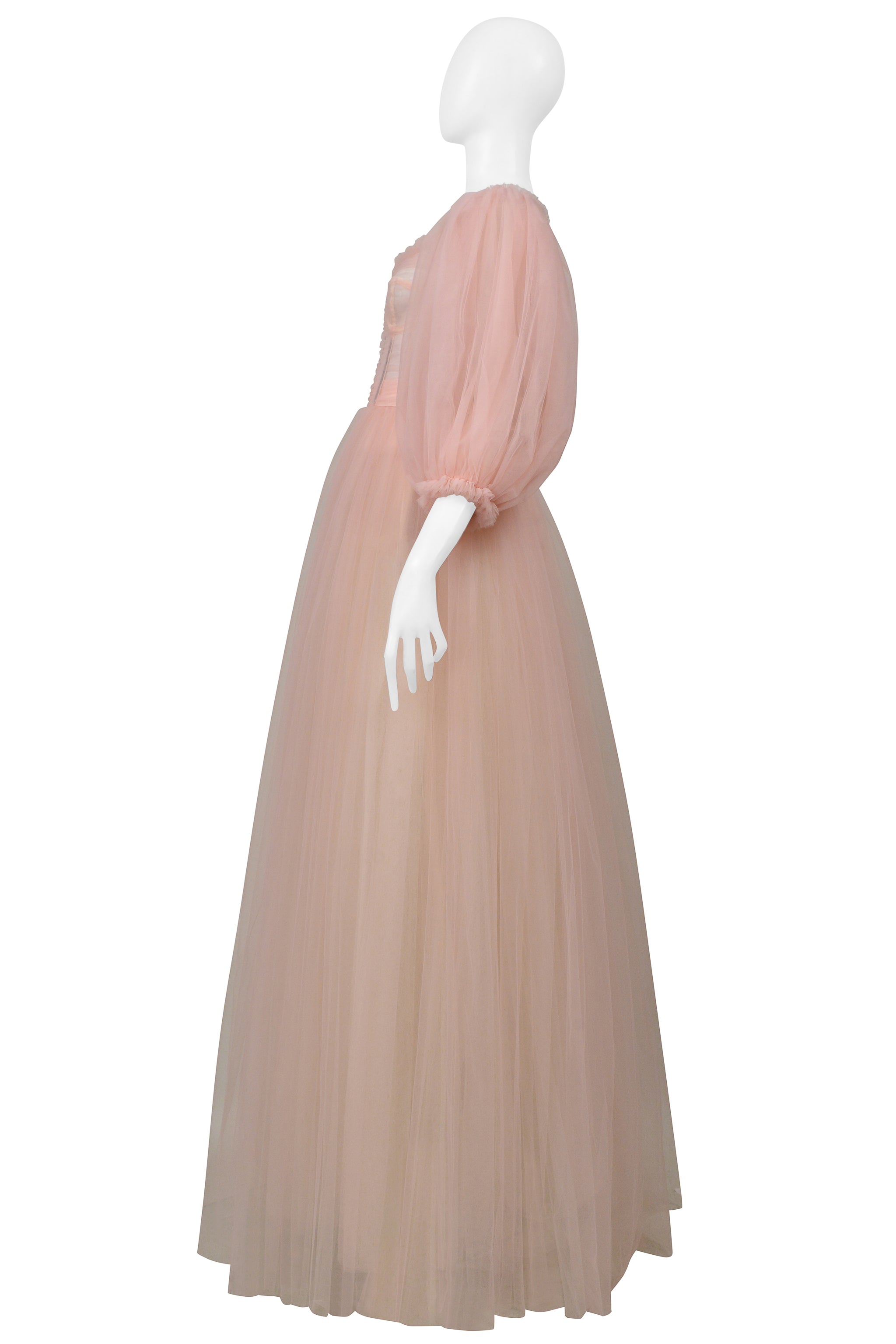 DOLCE & GABBANA BALLET PINK SHEER CORSETED TULLE GOWN WITH PUFF SLEEVES