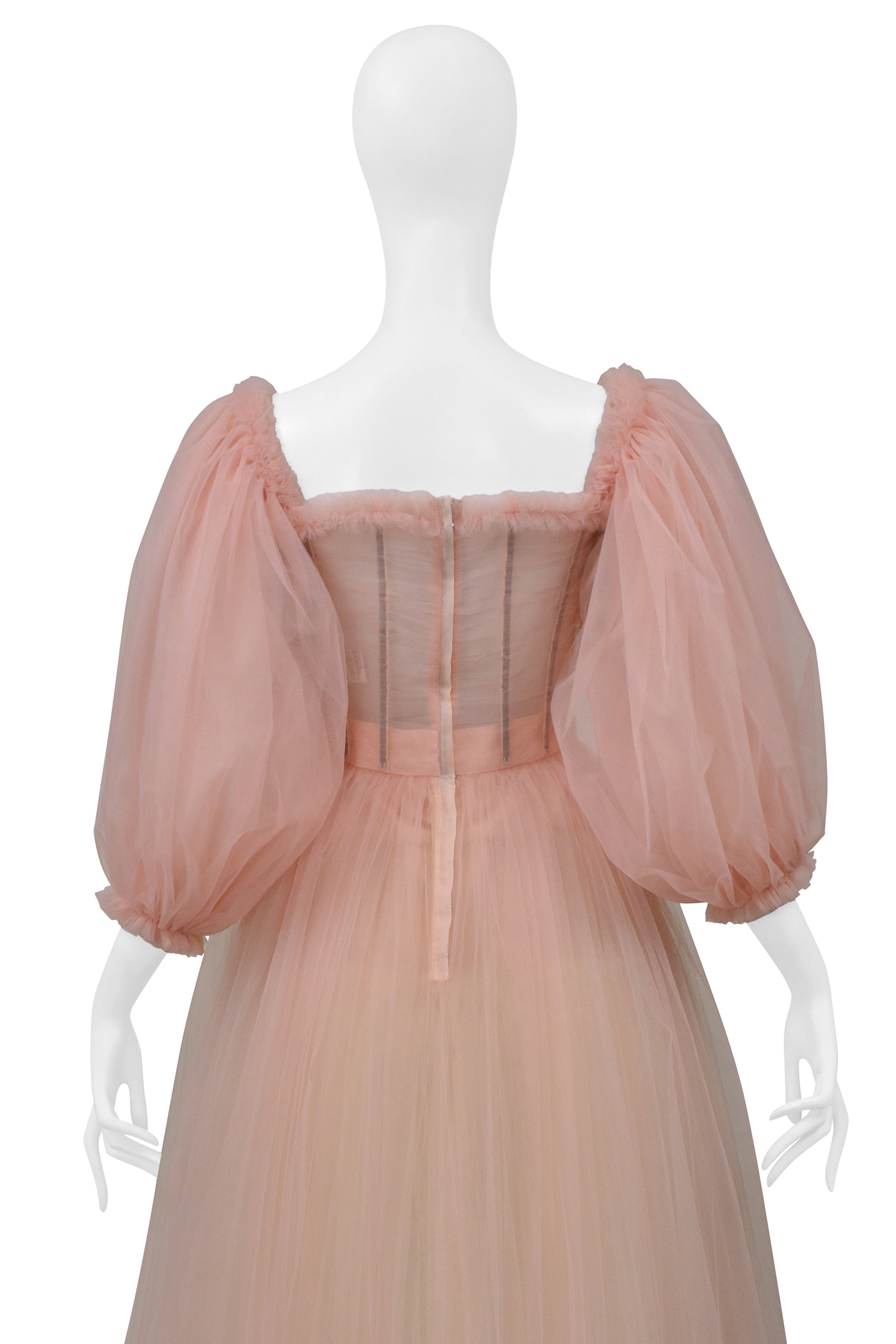 DOLCE & GABBANA BALLET PINK SHEER CORSETED TULLE GOWN WITH PUFF SLEEVES