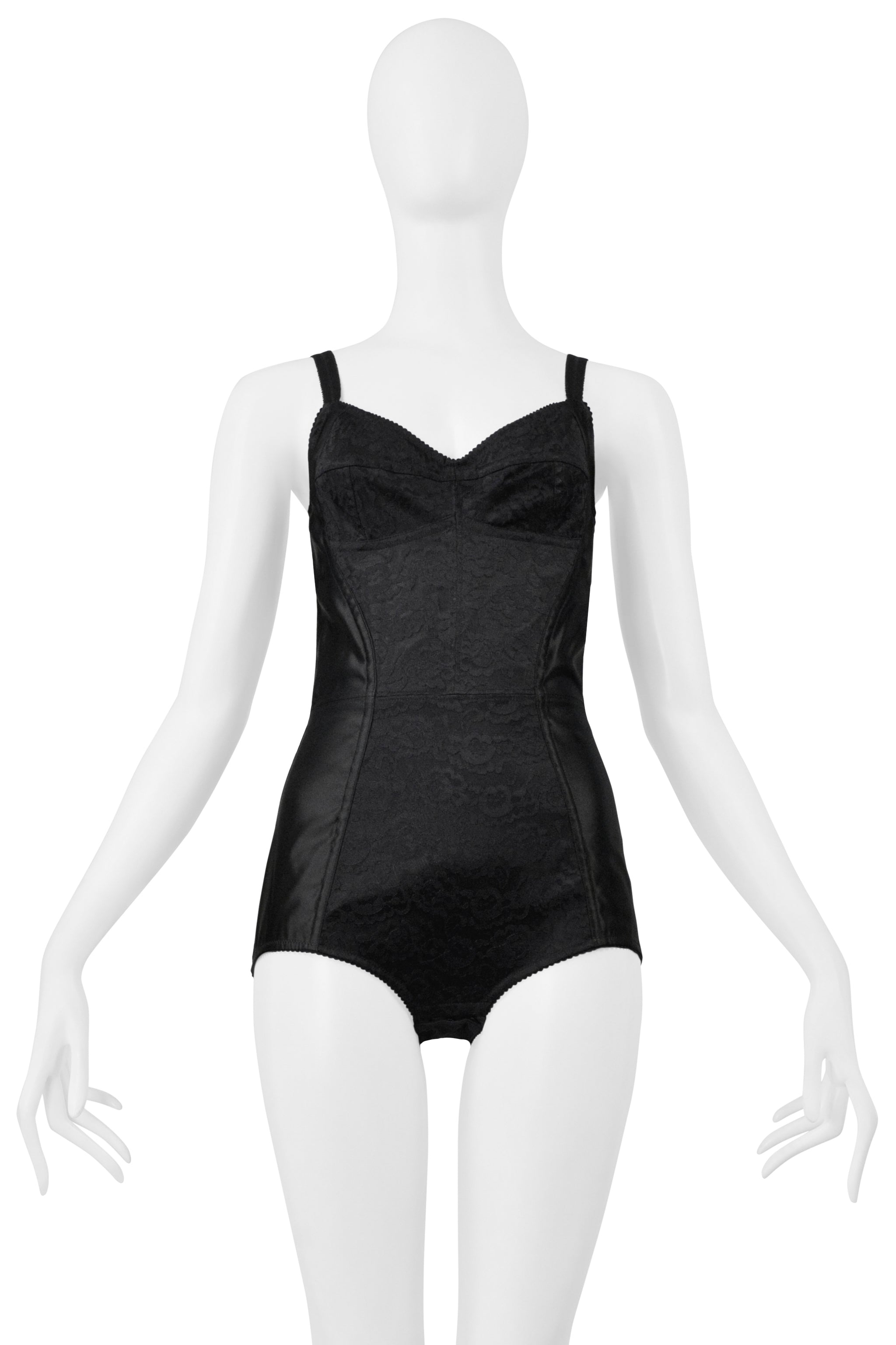 DOLCE & GABBANA BLACK SATIN BODYSUIT WITH LACE INSETS AND EXPOSED ZIPPER