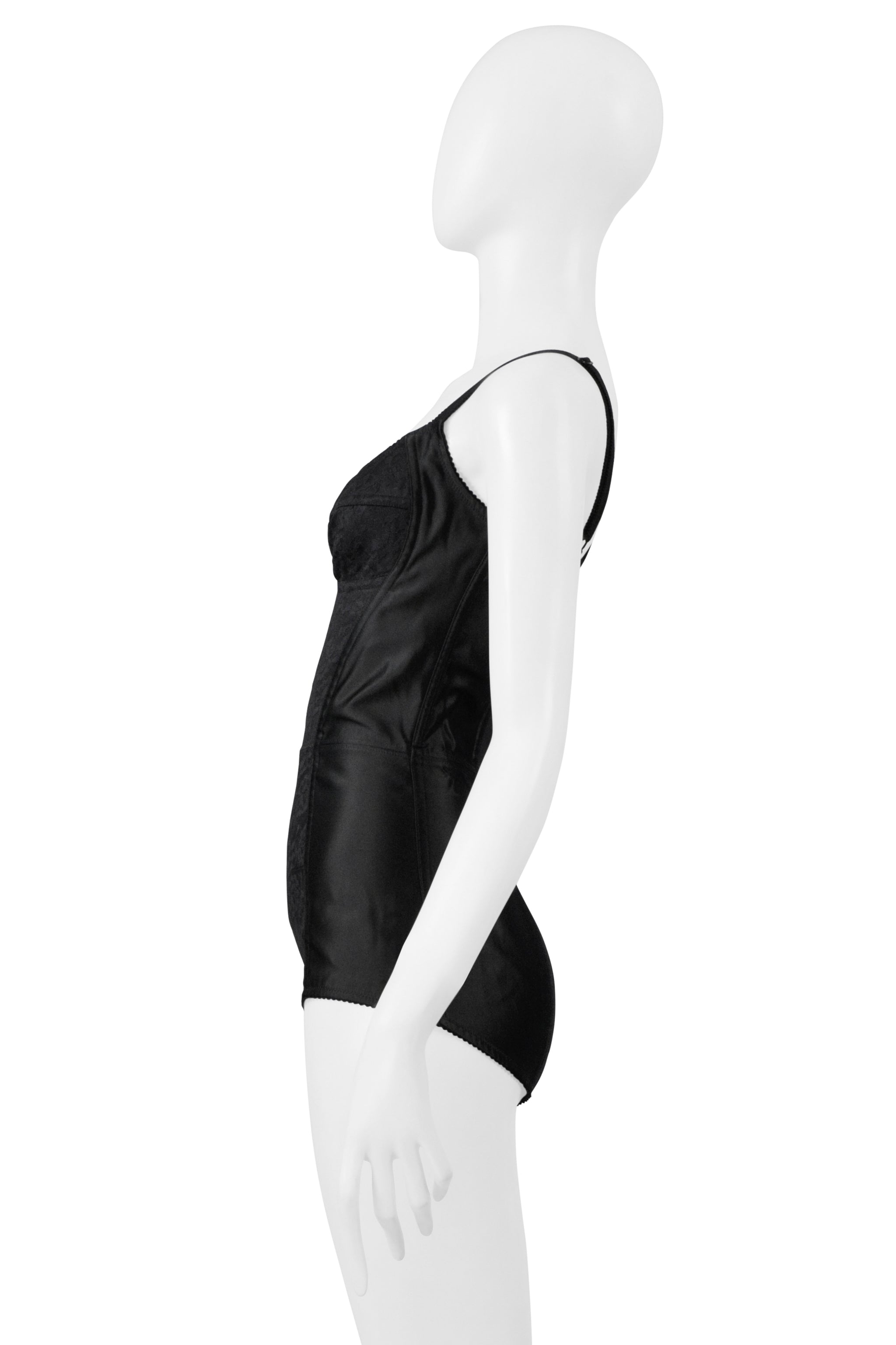 DOLCE & GABBANA BLACK SATIN BODYSUIT WITH LACE INSETS AND EXPOSED ZIPPER