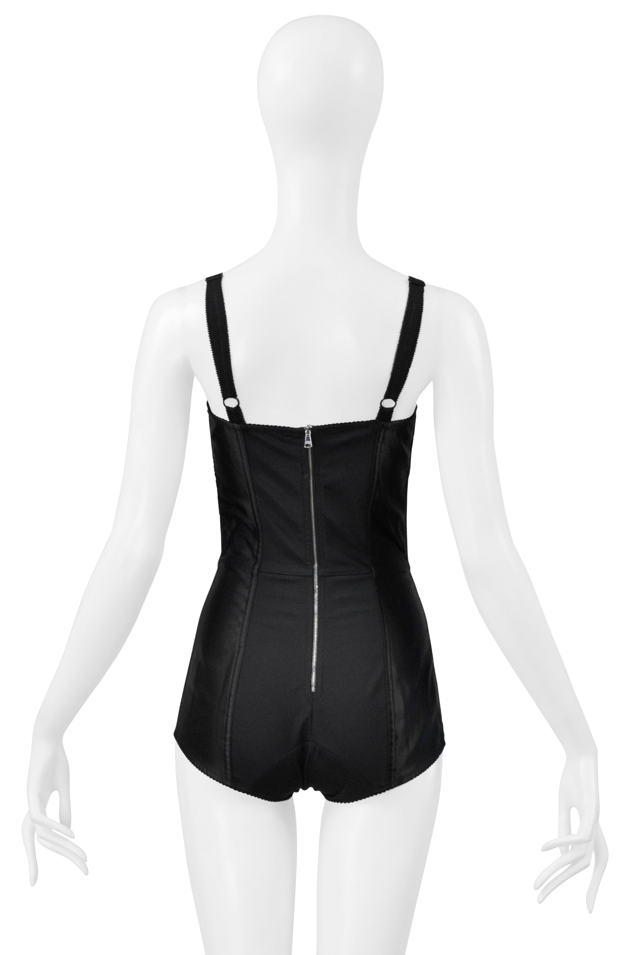 DOLCE & GABBANA BLACK SATIN BODYSUIT WITH LACE INSETS AND EXPOSED ZIPPER