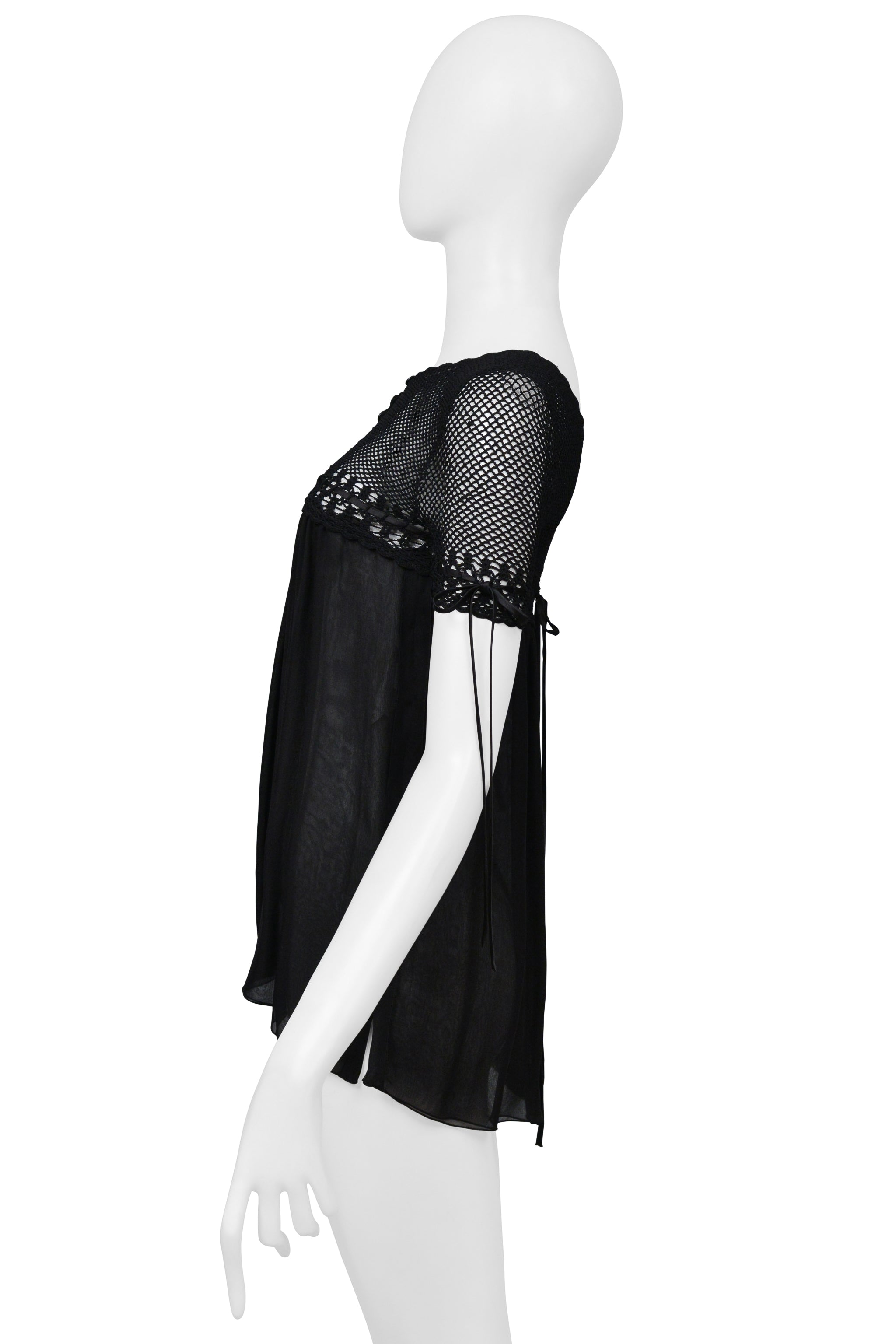 DOLCE & GABBANA BLACK CROCHET YOKE TOP WITH SILK BODY & RIBBONS