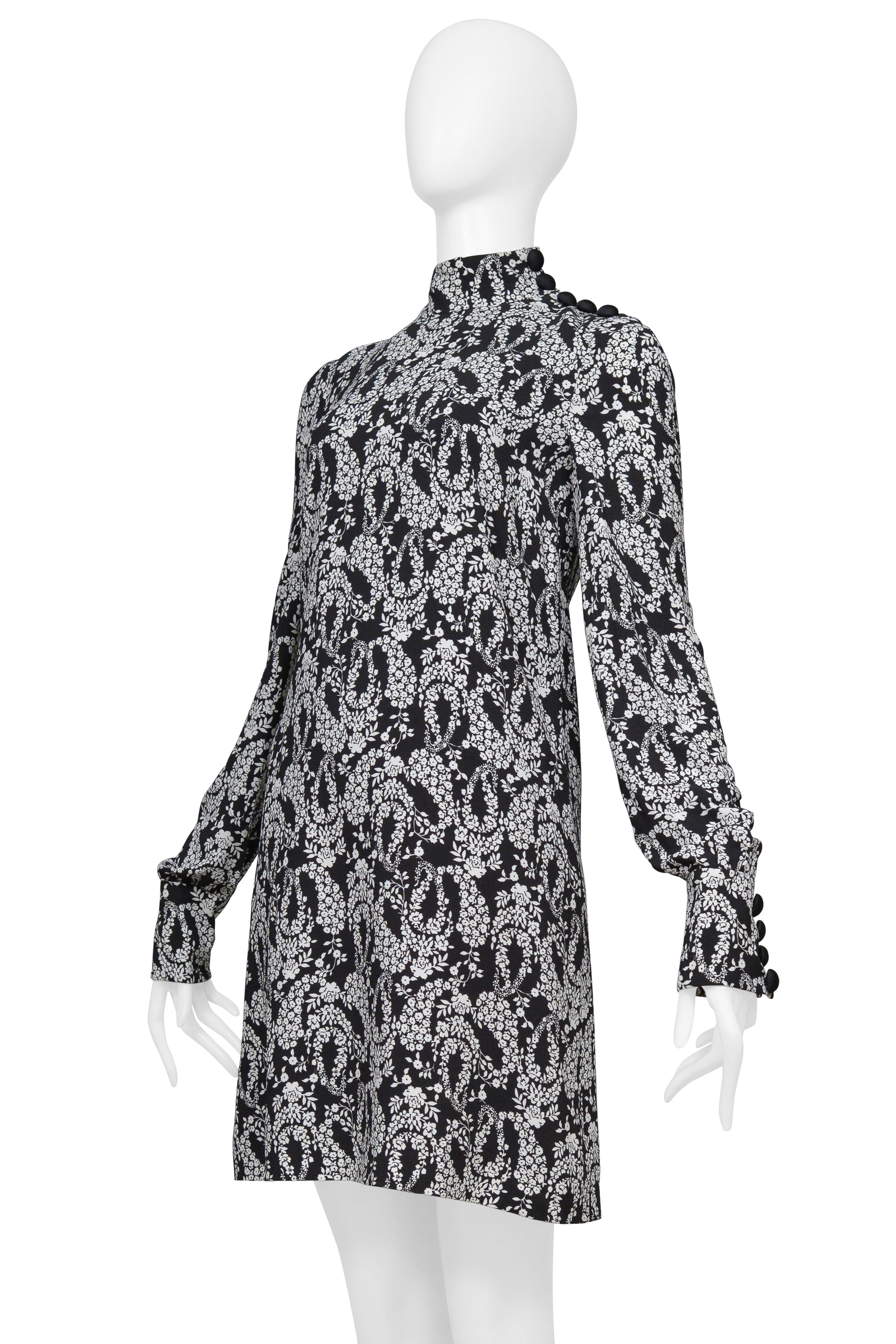 DOLCE & GABBANA BLACK DRESS WITH HIGH NECK AND WHITE FLORAL PRINT