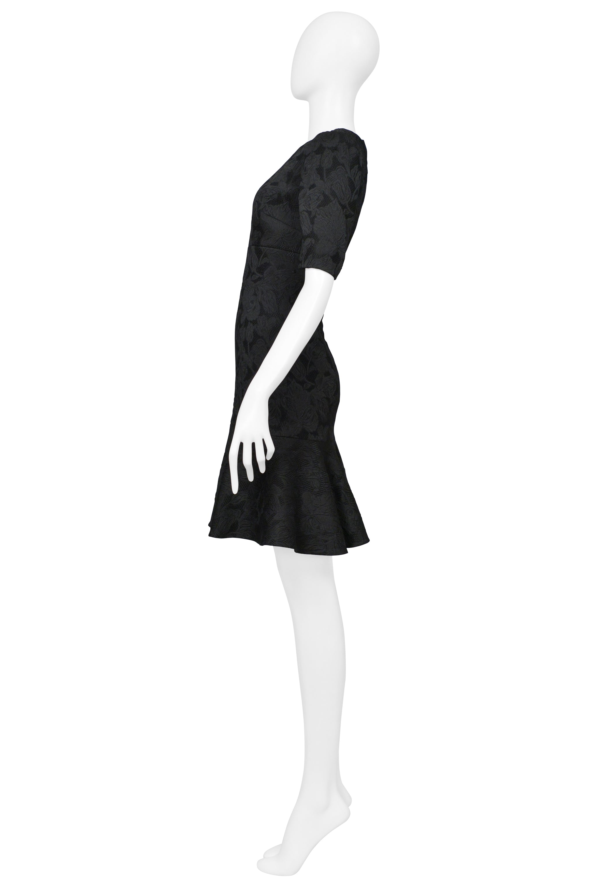 DOLCE & GABBANA BLACK FLORAL JACQUARD COCKTAIL DRESS WITH FLOUNCE