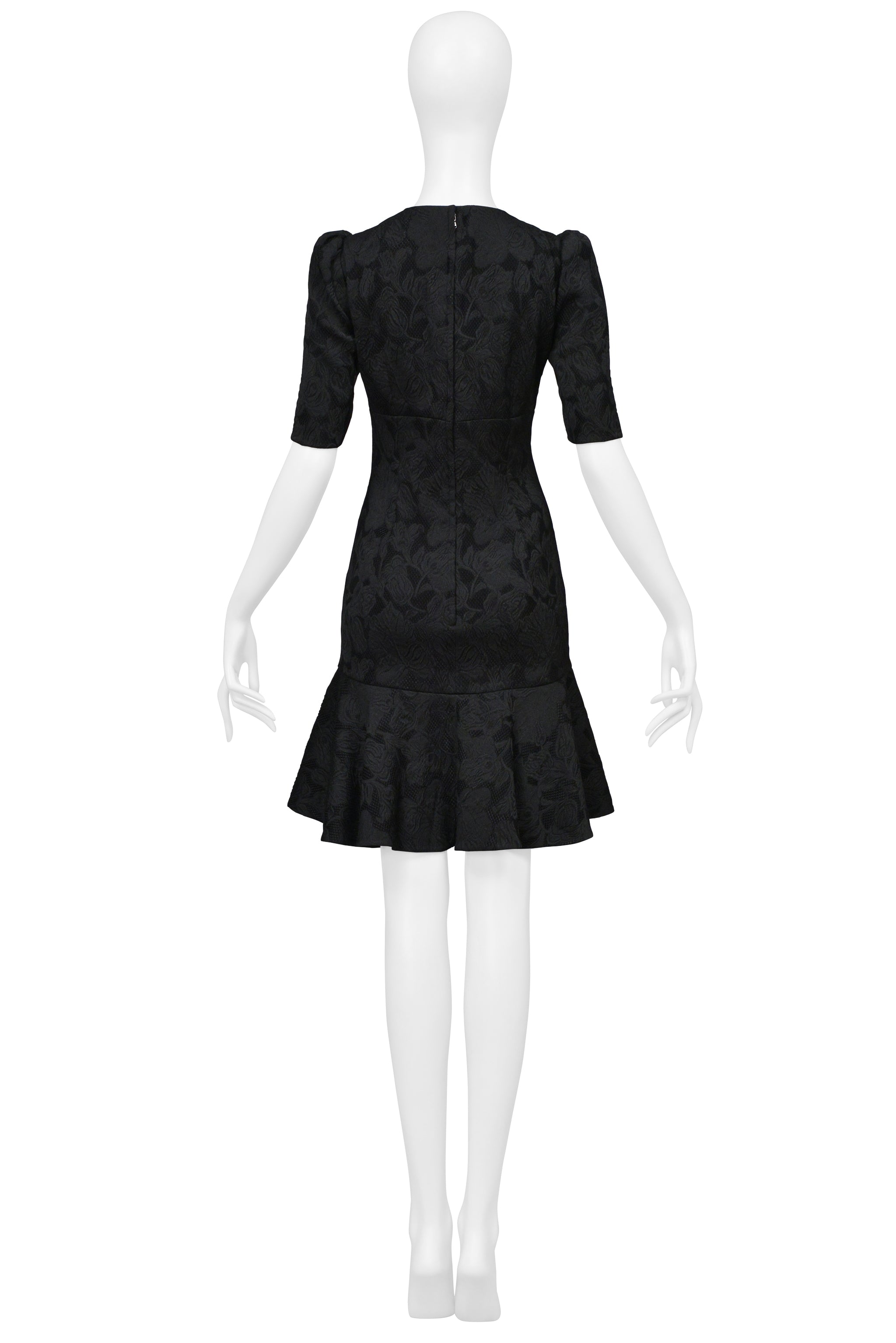 DOLCE & GABBANA BLACK FLORAL JACQUARD COCKTAIL DRESS WITH FLOUNCE