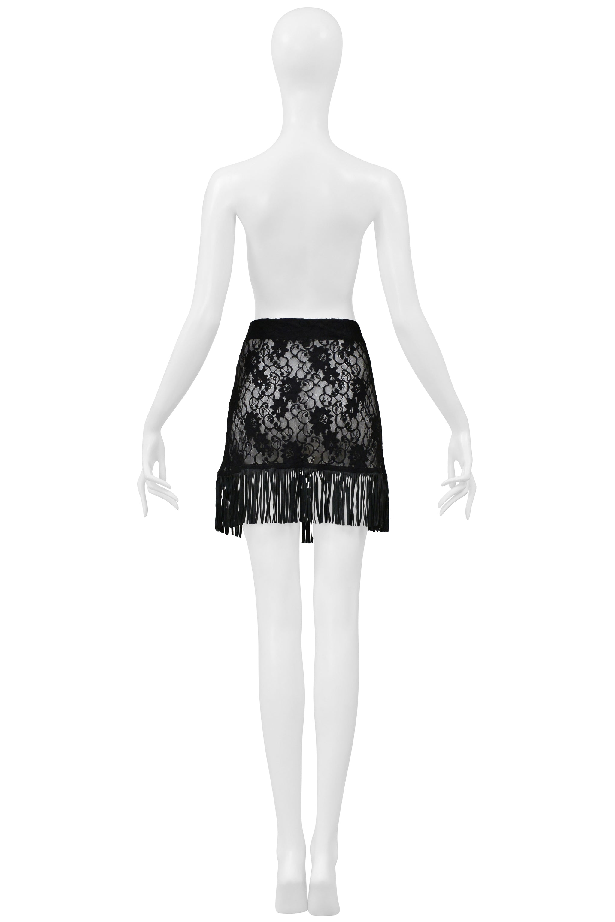 DOLCE & GABBANA D&G BLACK LACE SKIRT WITH LEATHER FRINGE