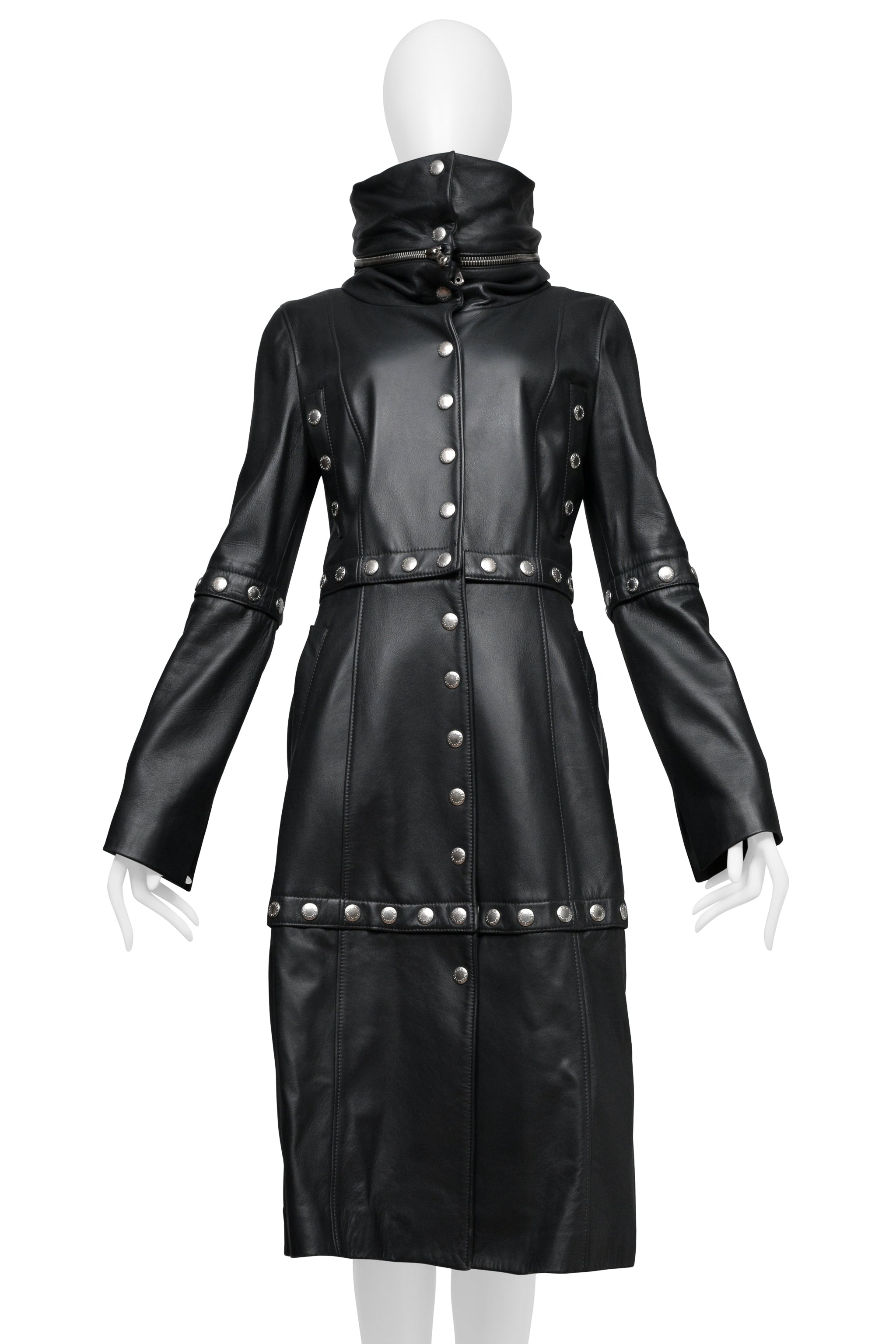 DOLCE & GABBANA BLACK LEATHER COAT WITH HIGH NECK AND SNAPS 2003