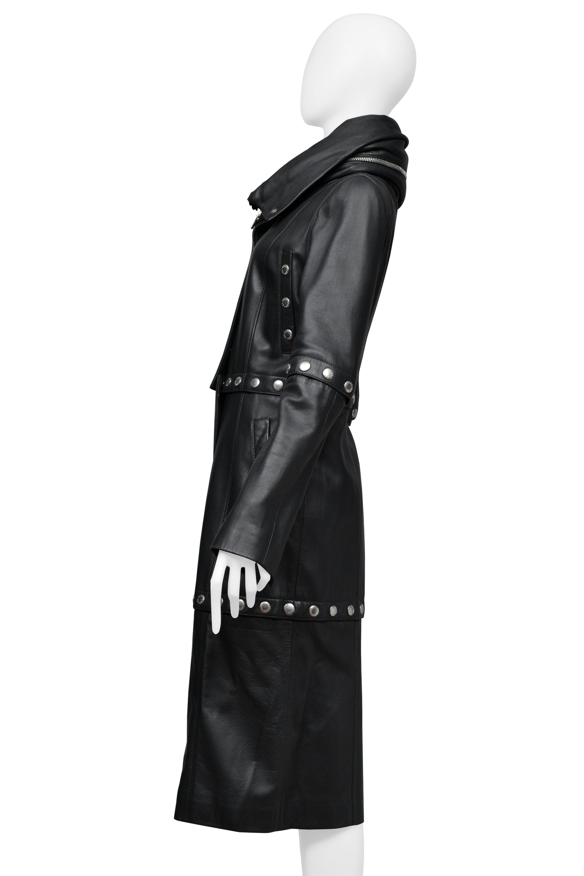 DOLCE & GABBANA BLACK LEATHER COAT WITH HIGH NECK AND SNAPS 2003