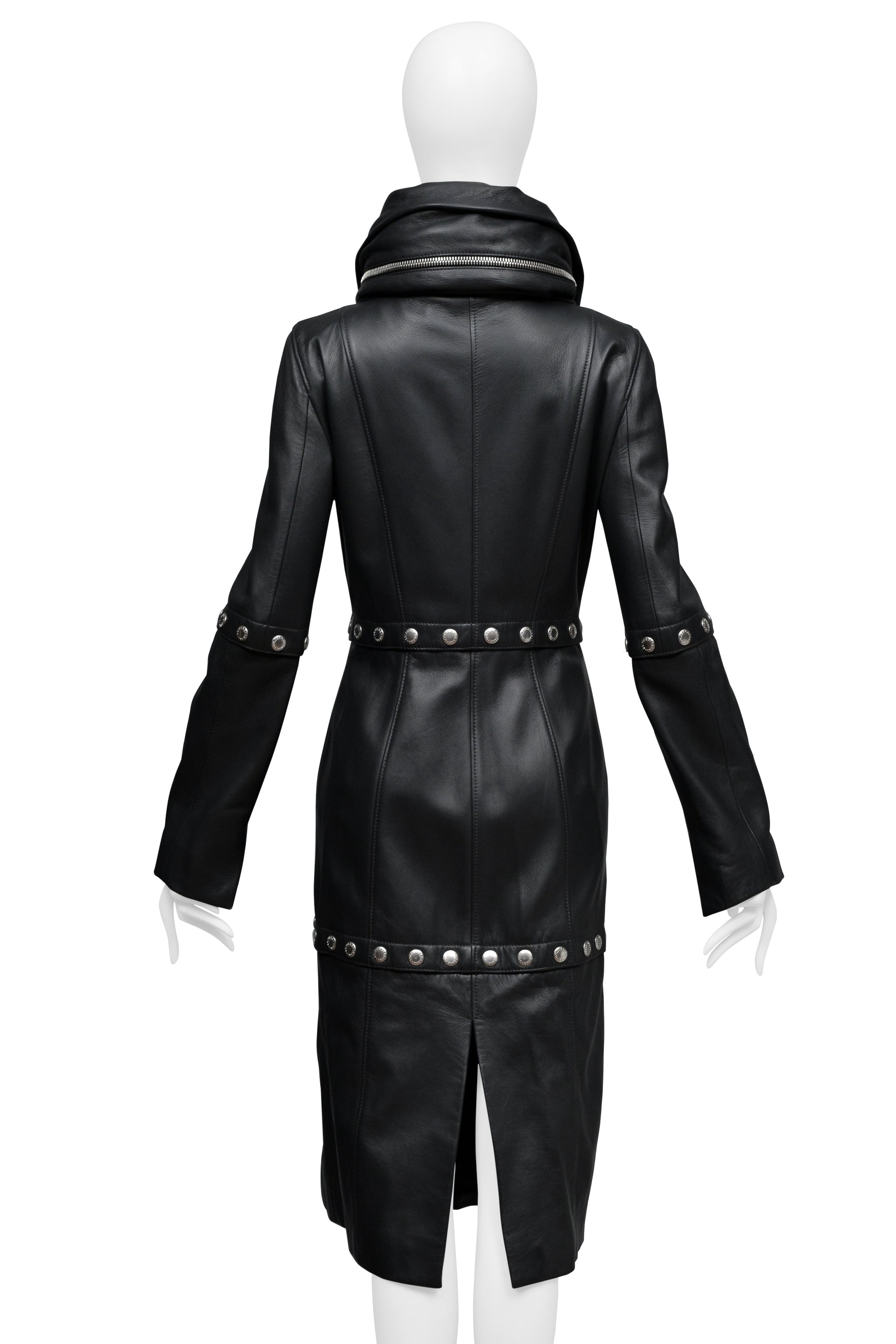 DOLCE & GABBANA BLACK LEATHER COAT WITH HIGH NECK AND SNAPS 2003