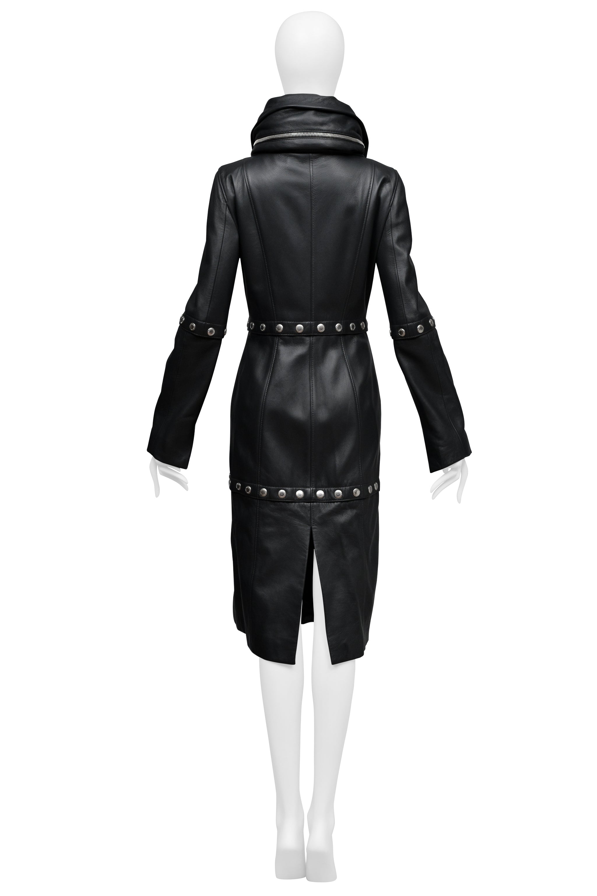 DOLCE & GABBANA BLACK LEATHER COAT WITH HIGH NECK AND SNAPS 2003
