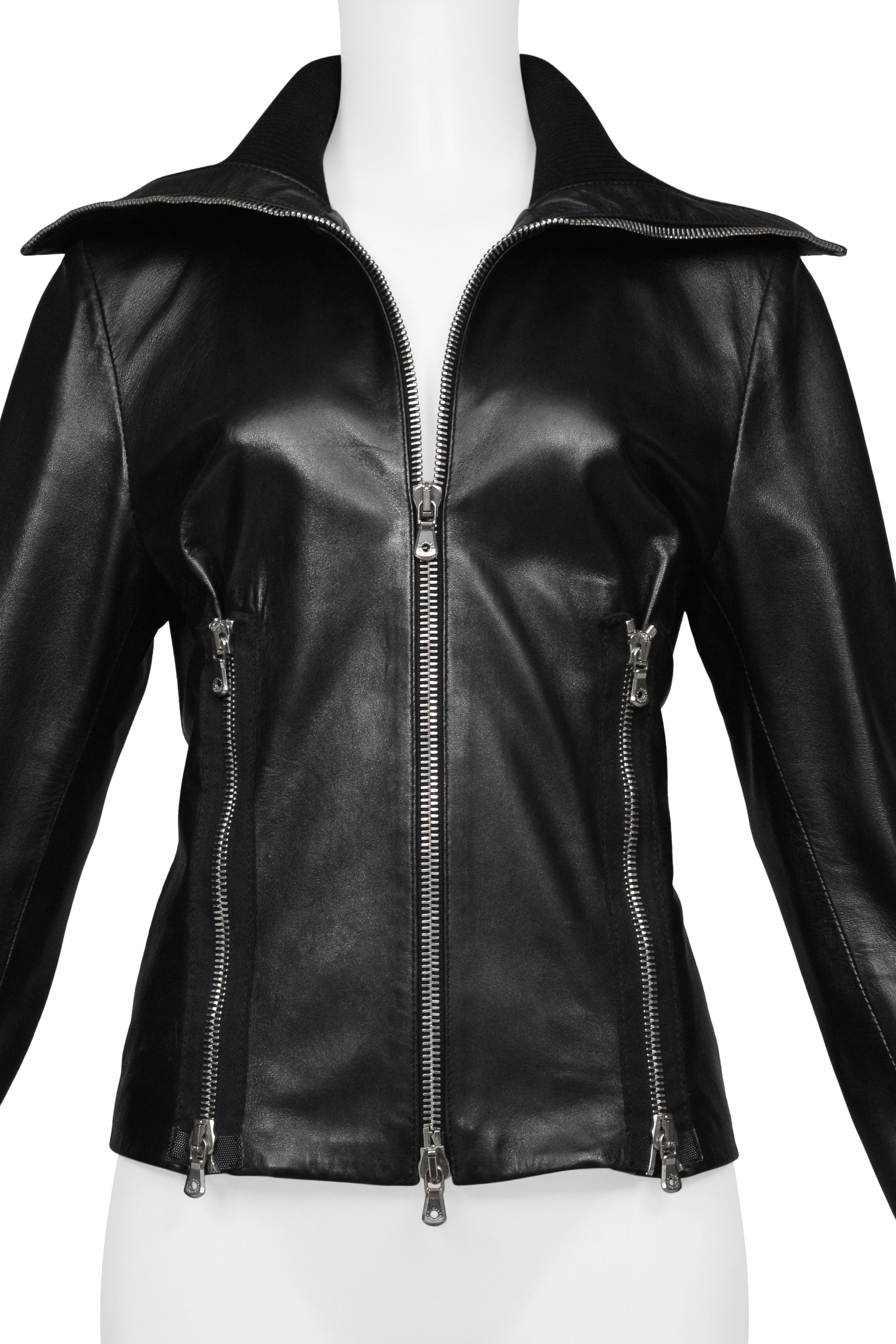 DOLCE & GABBANA BLACK LEATHER JACKET WITH VERTICAL ZIPPERS