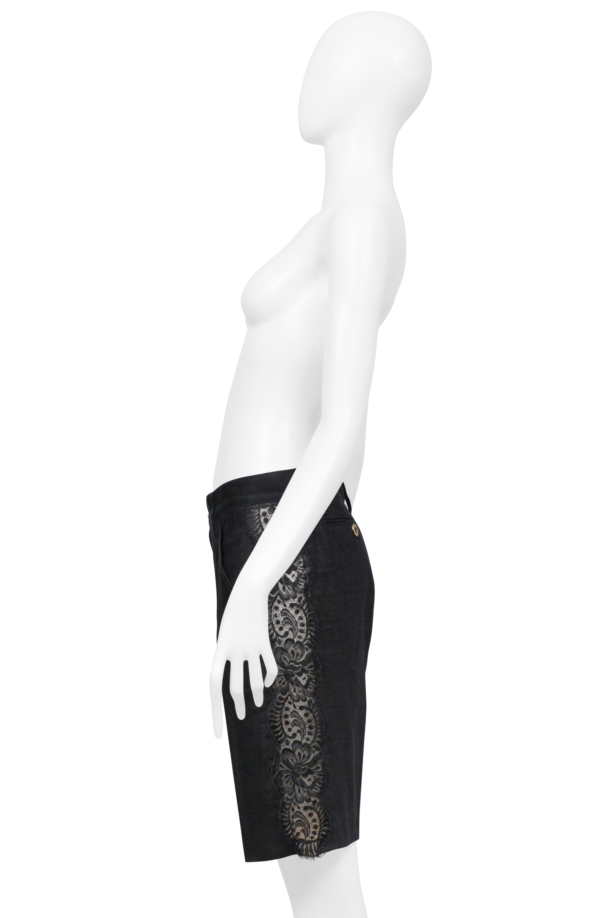 DOLCE & GABBANA BLACK LINEN BERMUDA SHORTS WITH LACE INSETS