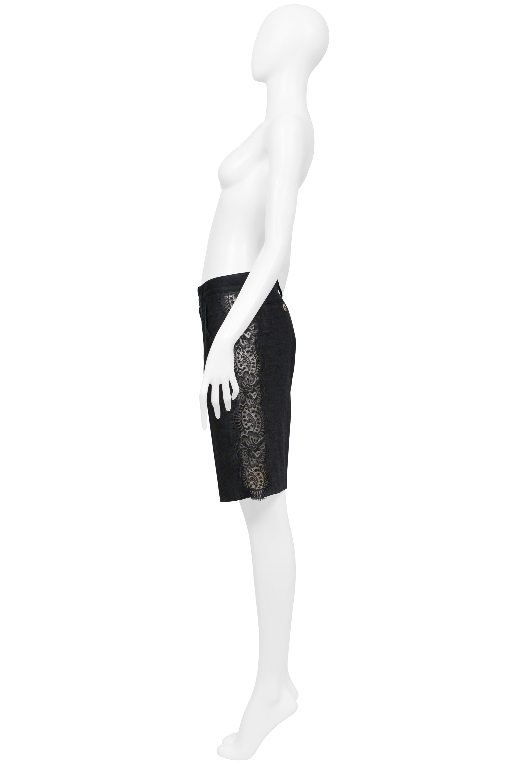 DOLCE & GABBANA BLACK LINEN BERMUDA SHORTS WITH LACE INSETS