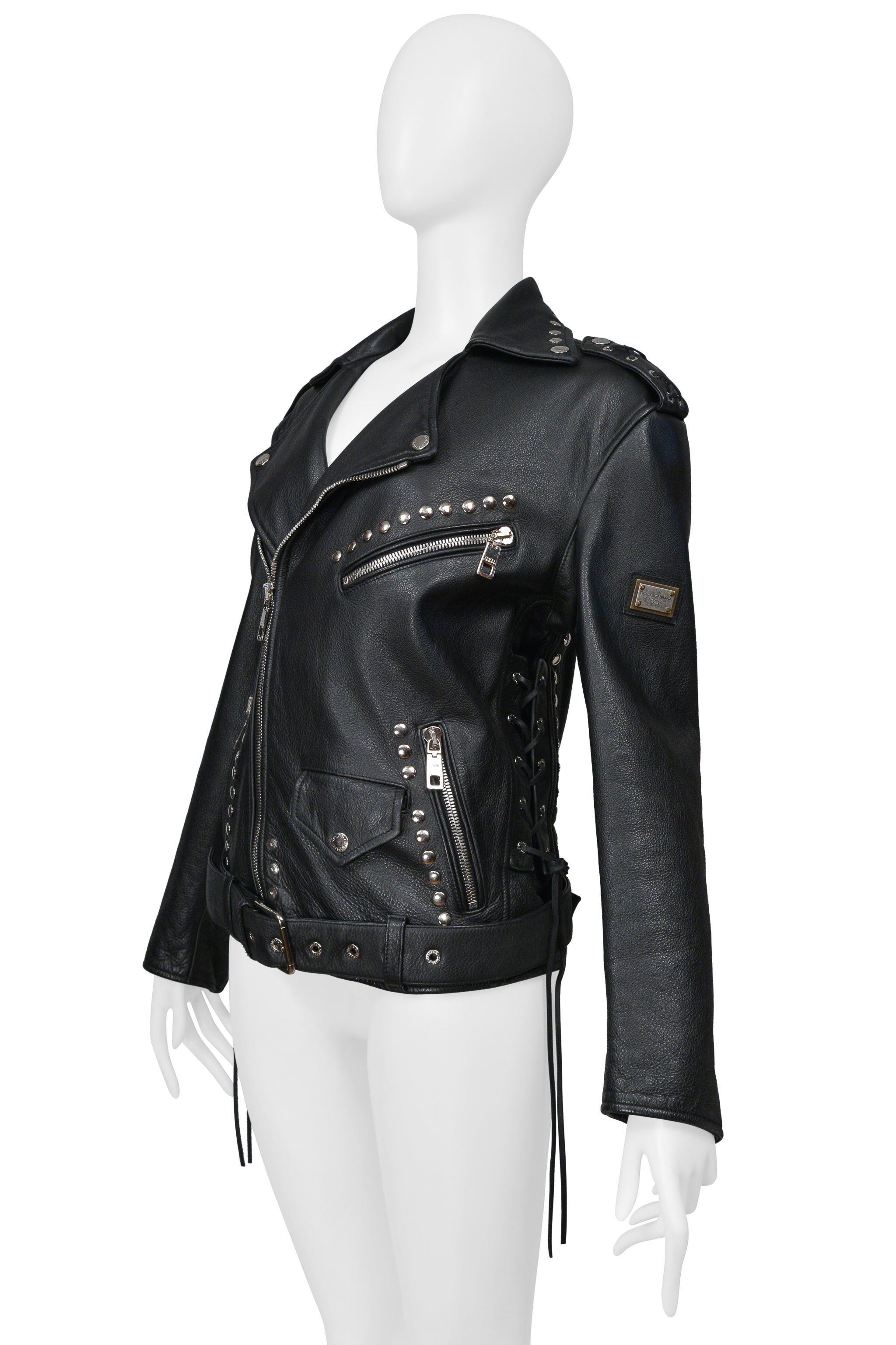DOLCE & GABBANA BLACK OVERSIZED LEATHER JACKET WITH STUDS AND BELT 2022