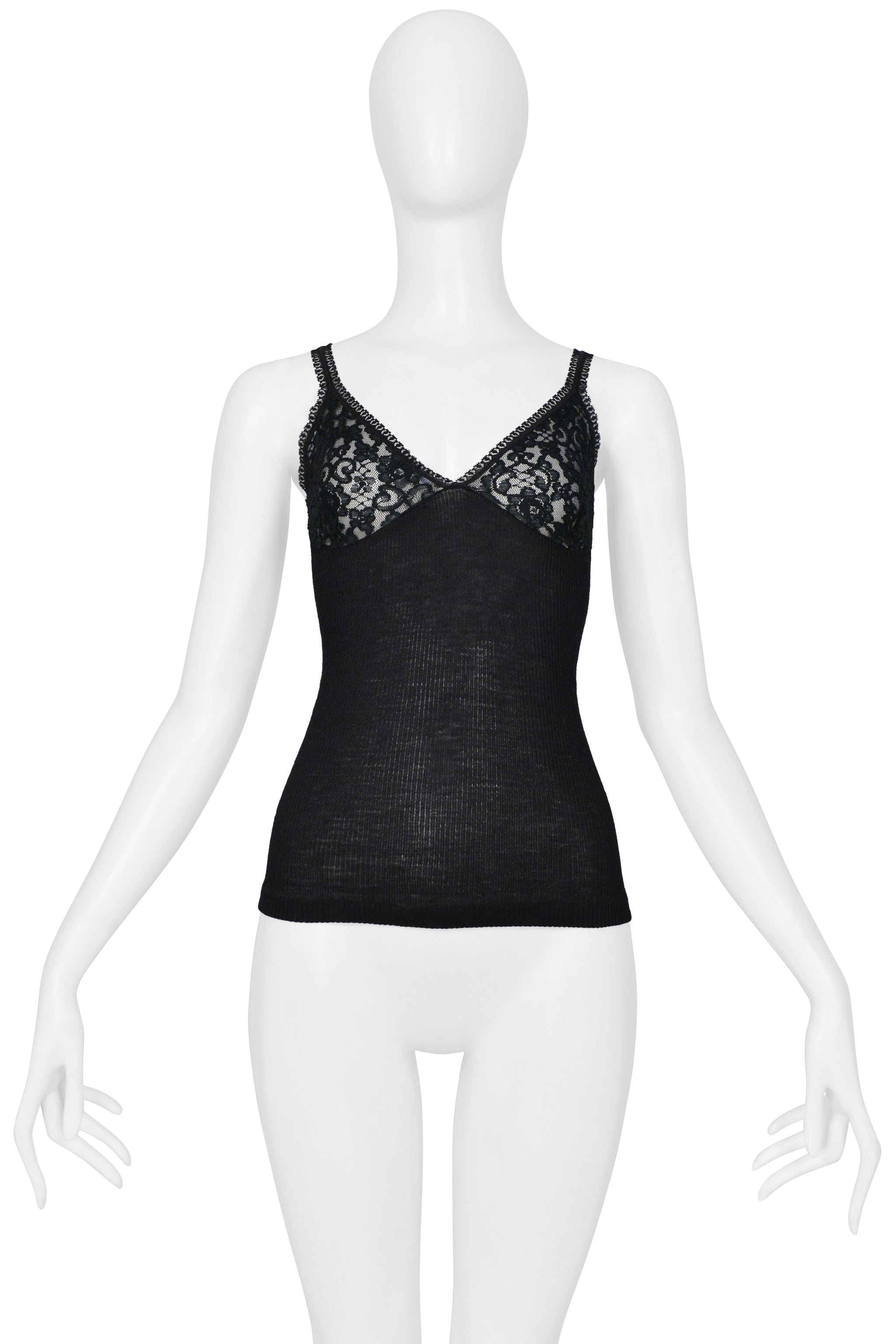 DOLCE & GABBANA BLACK RIBBED KNIT CAMISOLE WITH LACE TOP