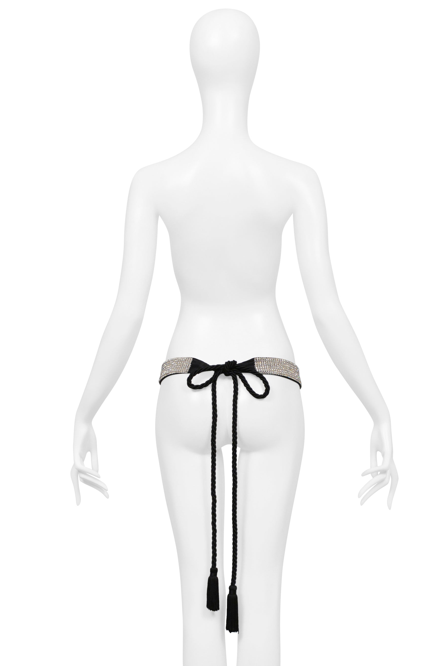 DOLCE & GABBANA BLACK SATIN BELT WITH RHINESTONES AND TASSELS