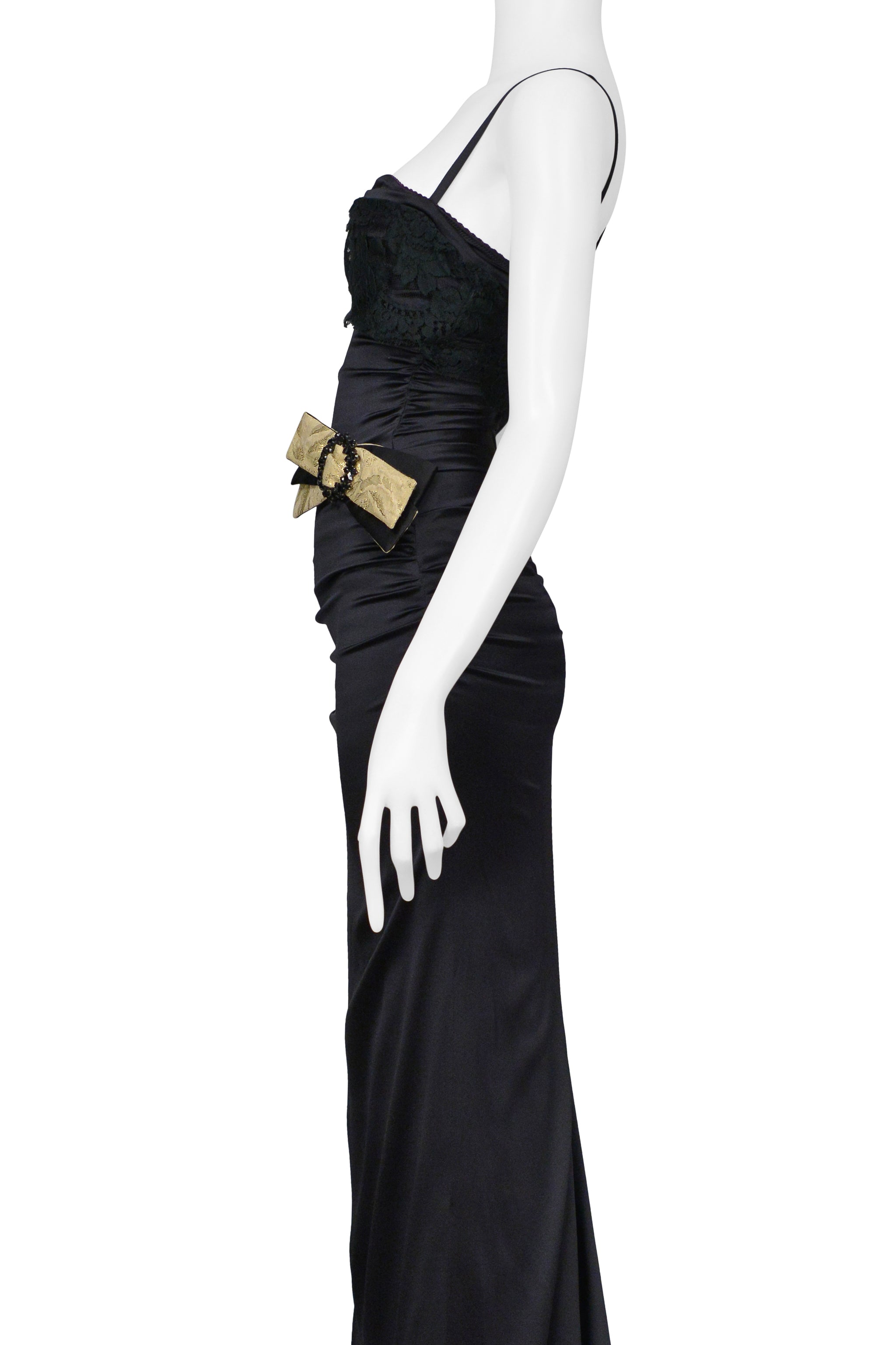 DOLCE & GABBANA BLACK SATIN DRESS EVENING GOWN WITH LACE AND GOLD BOW WITH CRYSTALS
