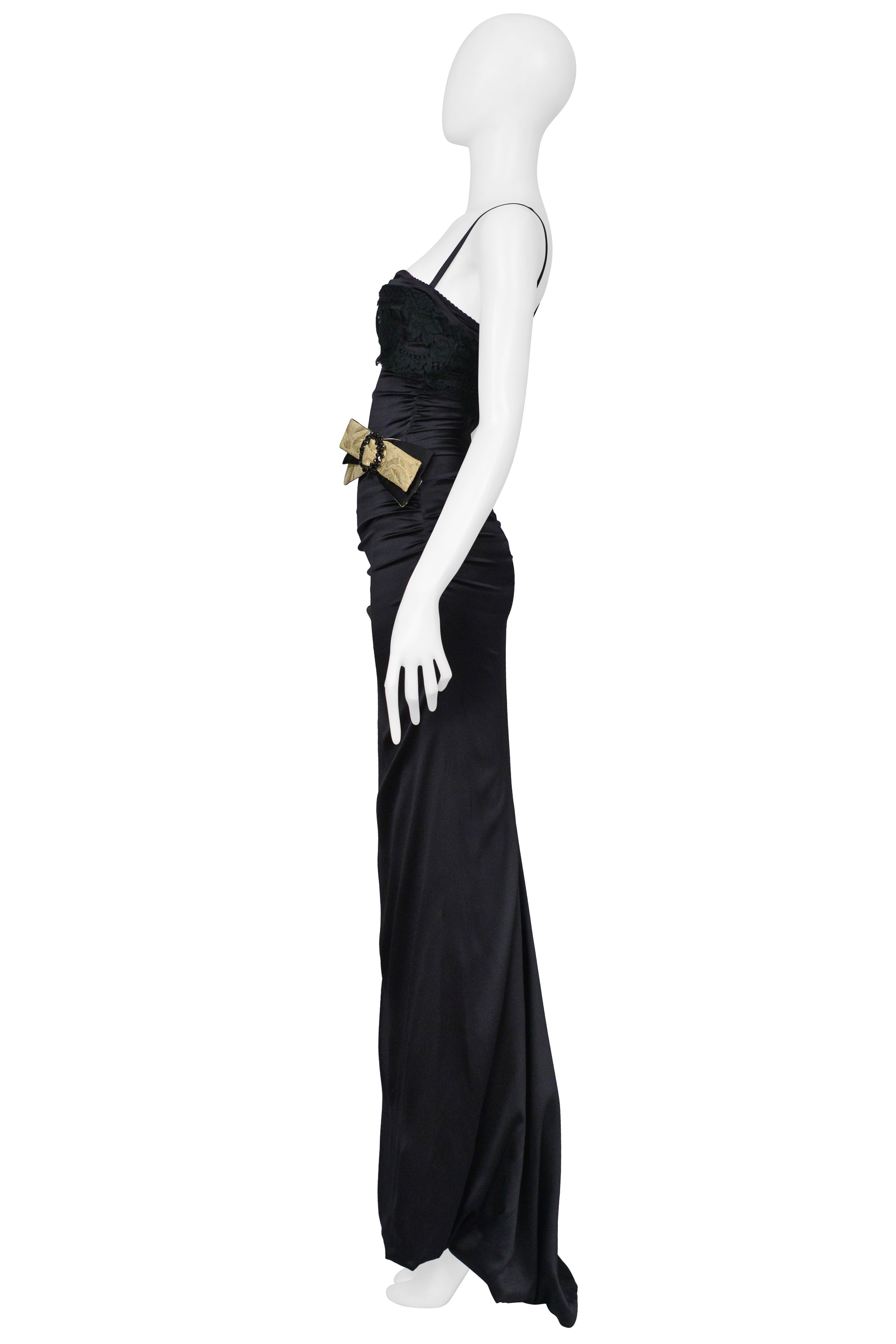 DOLCE & GABBANA BLACK SATIN DRESS EVENING GOWN WITH LACE AND GOLD BOW WITH CRYSTALS
