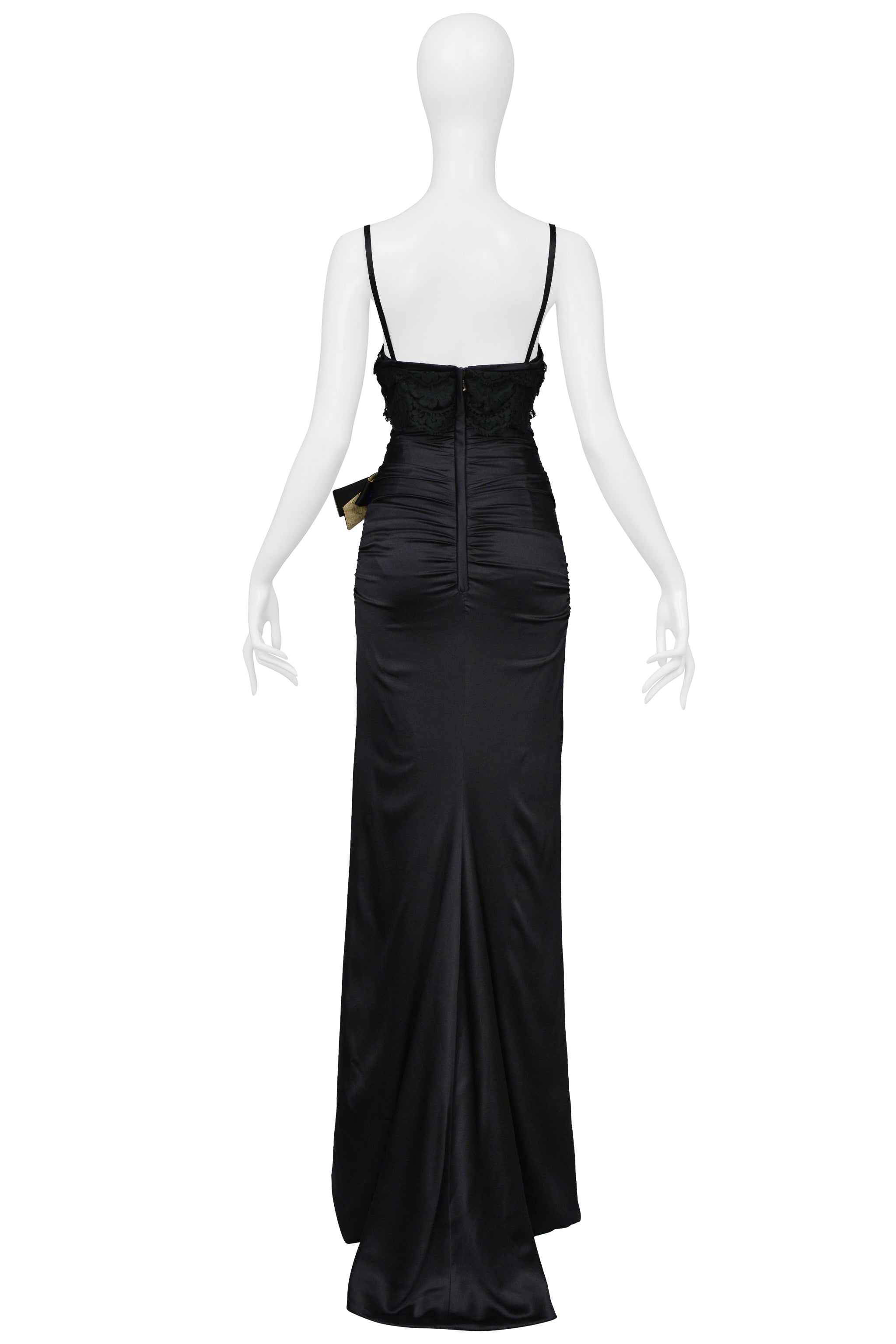 DOLCE & GABBANA BLACK SATIN DRESS EVENING GOWN WITH LACE AND GOLD BOW WITH CRYSTALS