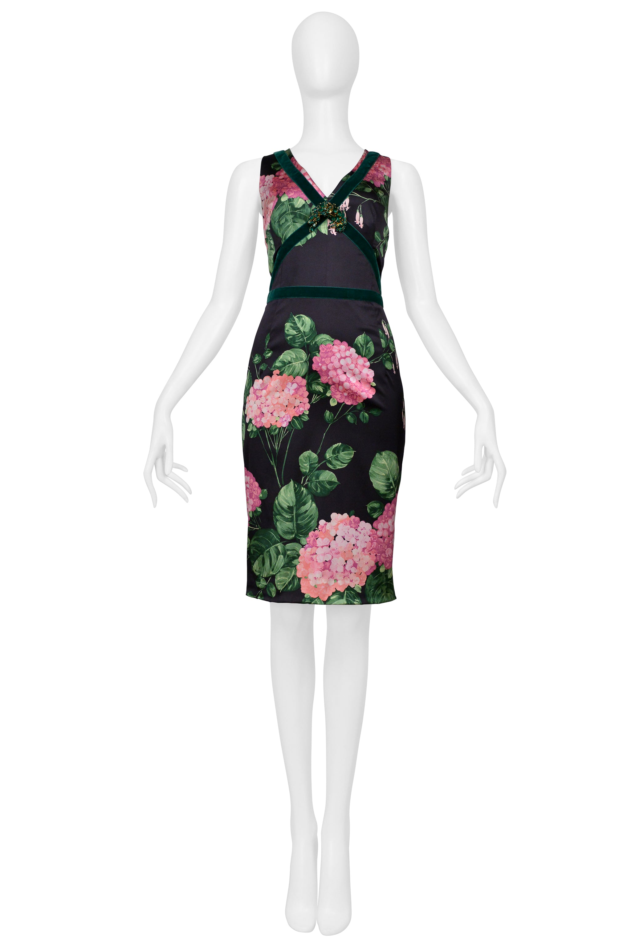DOLCE & GABBANA CHARCOAL SATIN DRESS WITH PINK FLORAL PRINT, GREEN VELVET TRIM AND EMERALD BROOCH