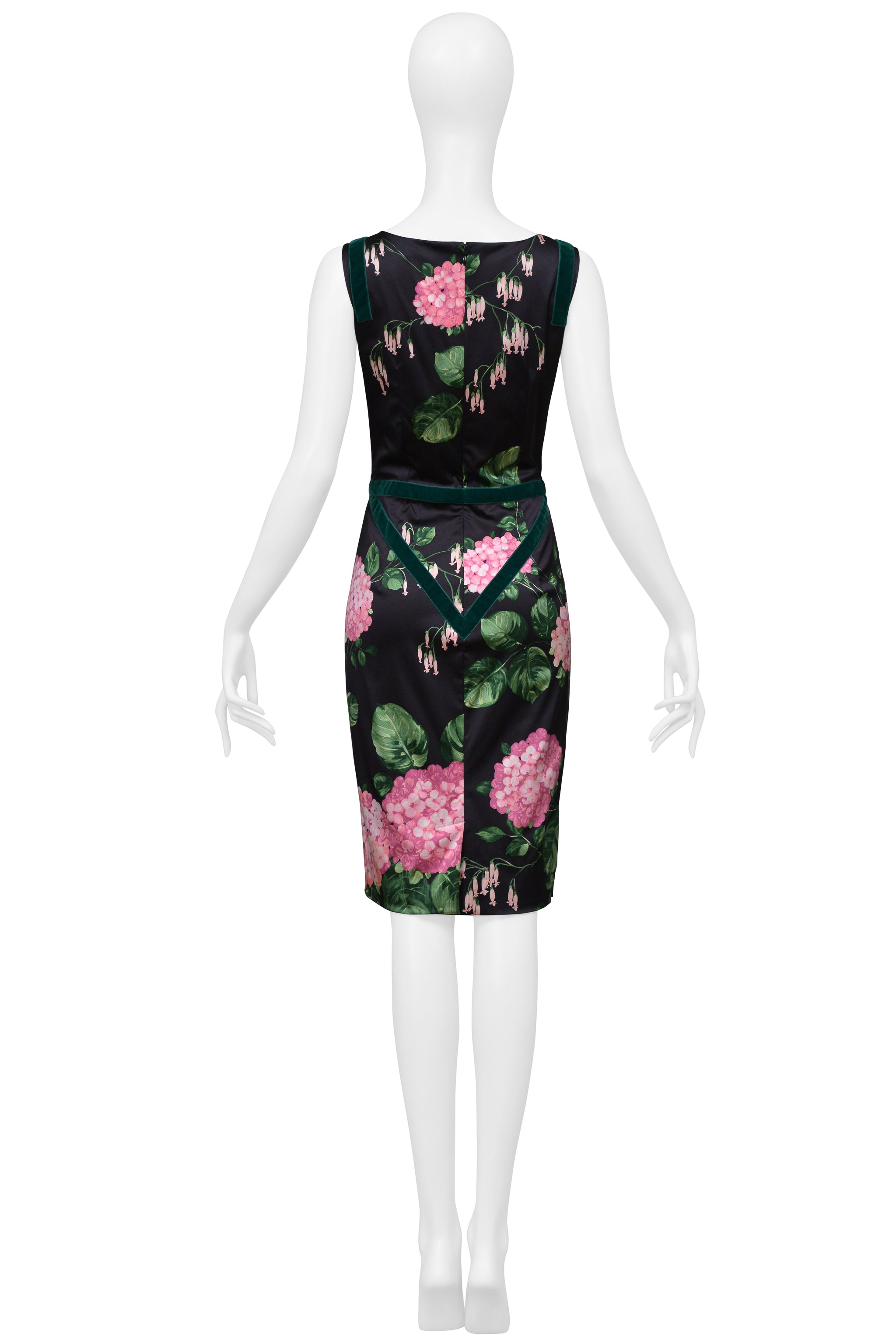 DOLCE & GABBANA CHARCOAL SATIN DRESS WITH PINK FLORAL PRINT, GREEN VELVET TRIM AND EMERALD BROOCH