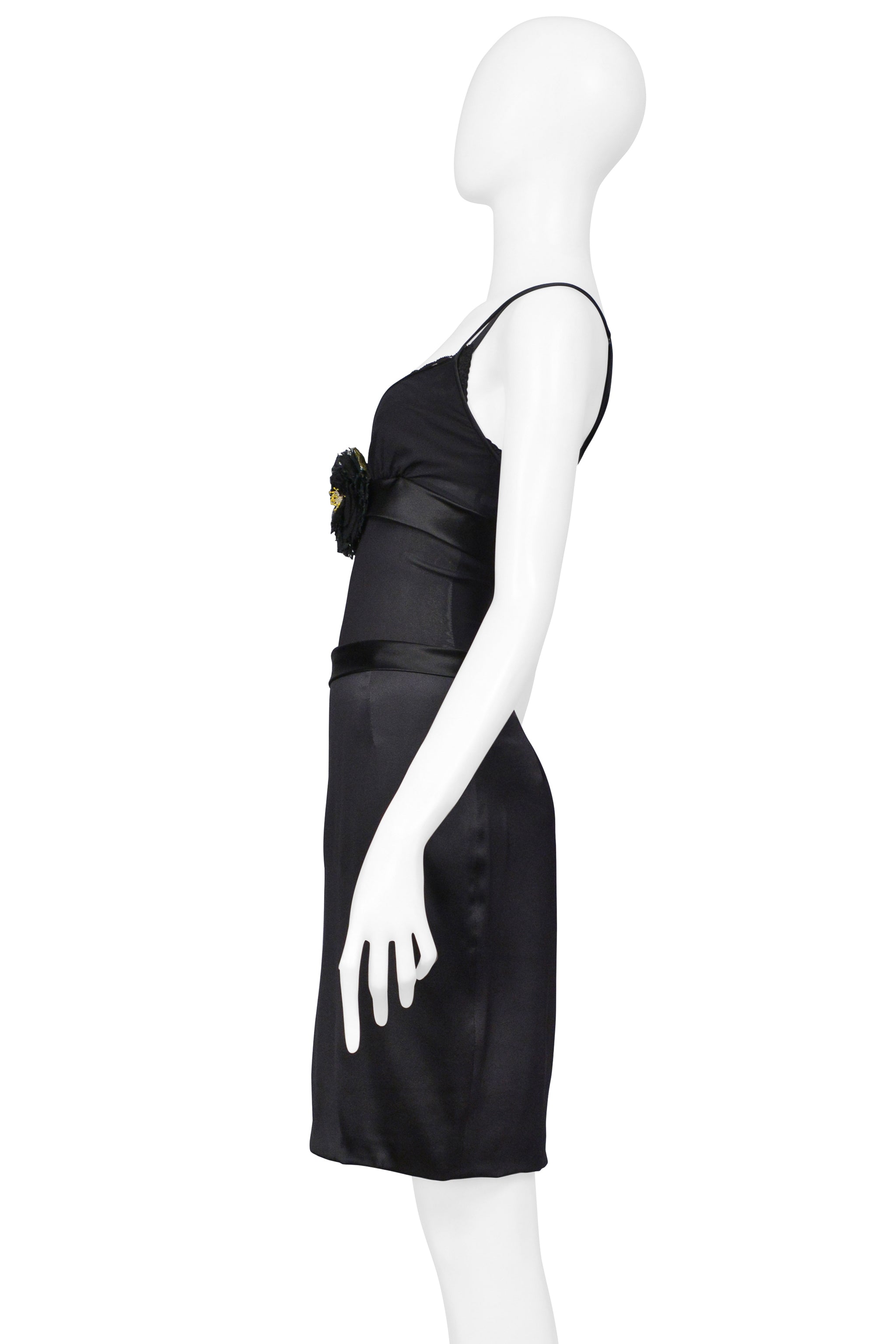 DOLCE & GABBANA BLACK SATIN SLIP DRESS WITH FLOWER