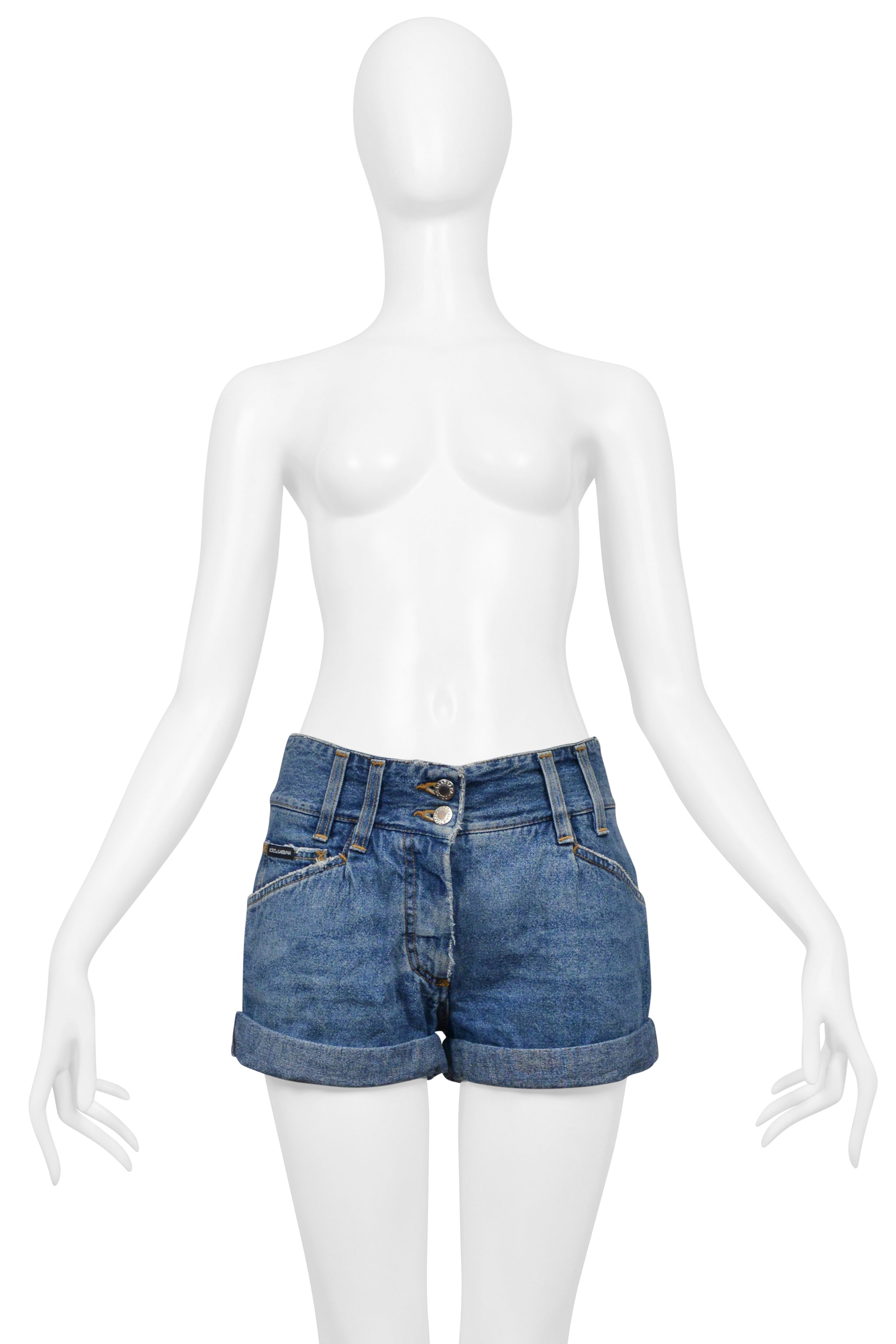 DOLCE & GABBANA BLUE DENIM HIGH-WAISTED SUPER MINI SHORTS WITH CUFFS
