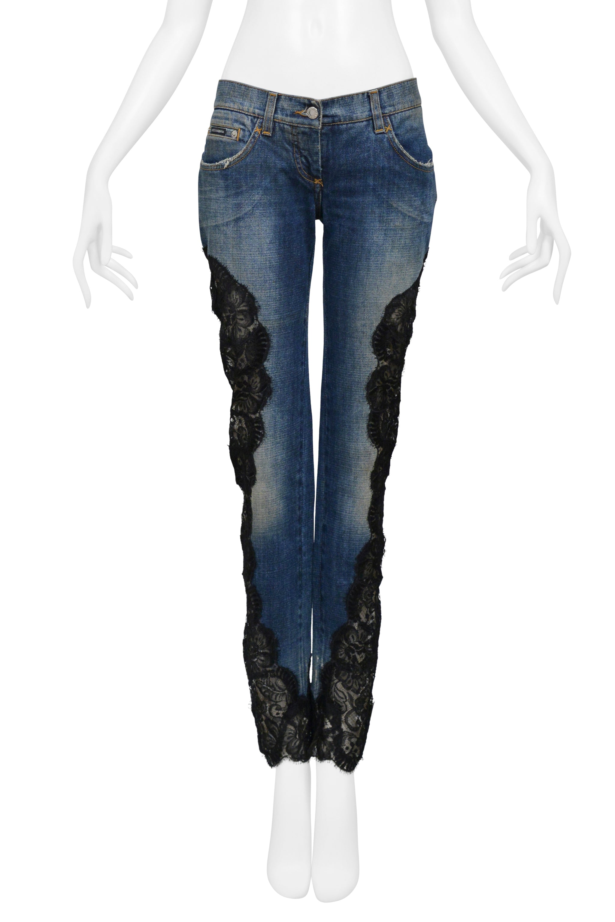 DOLCE & GABBANA BLUE DENIM JEANS WITH BLACK LACE SIDE INSETS