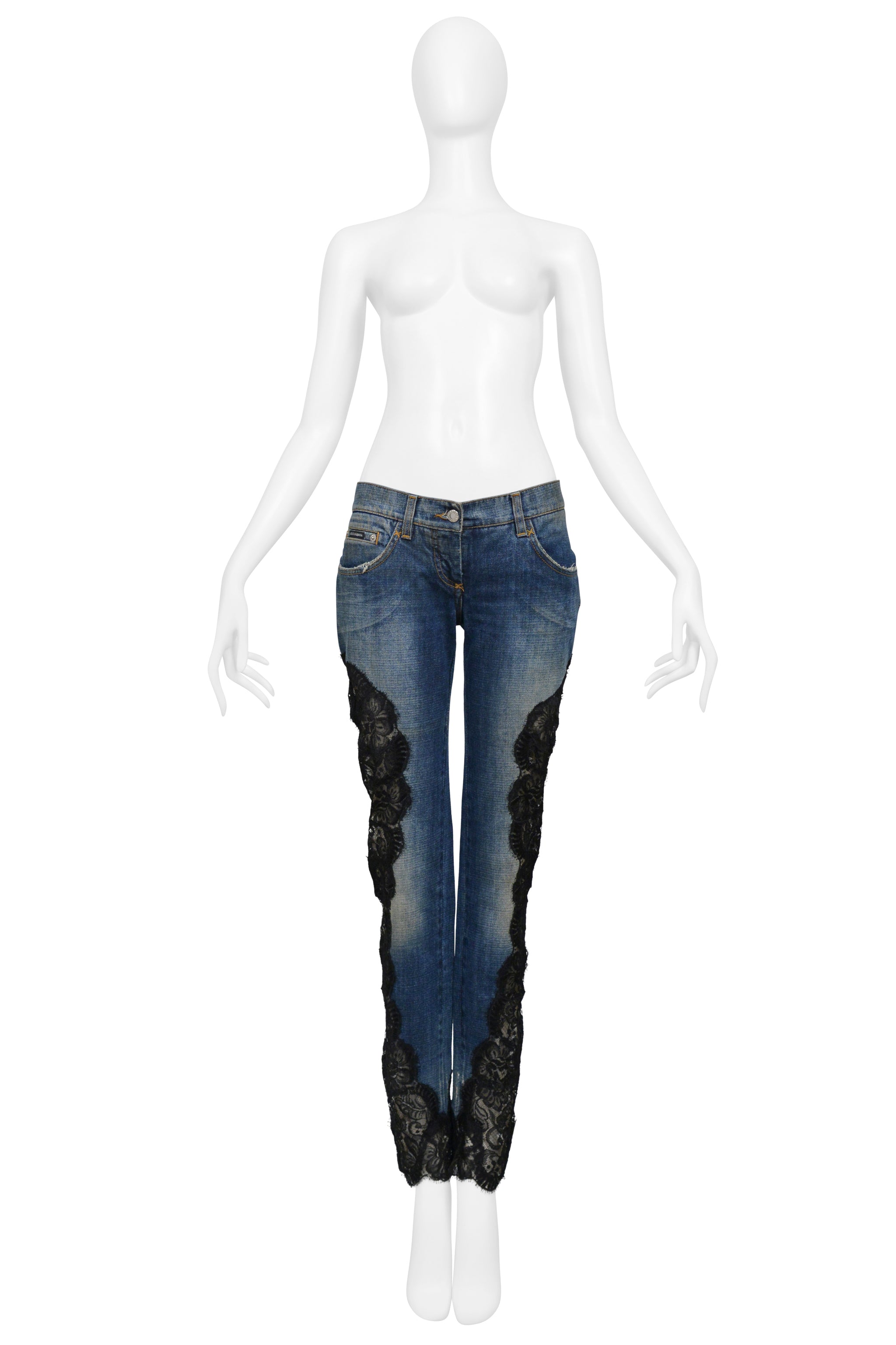 DOLCE & GABBANA BLUE DENIM JEANS WITH BLACK LACE SIDE INSETS