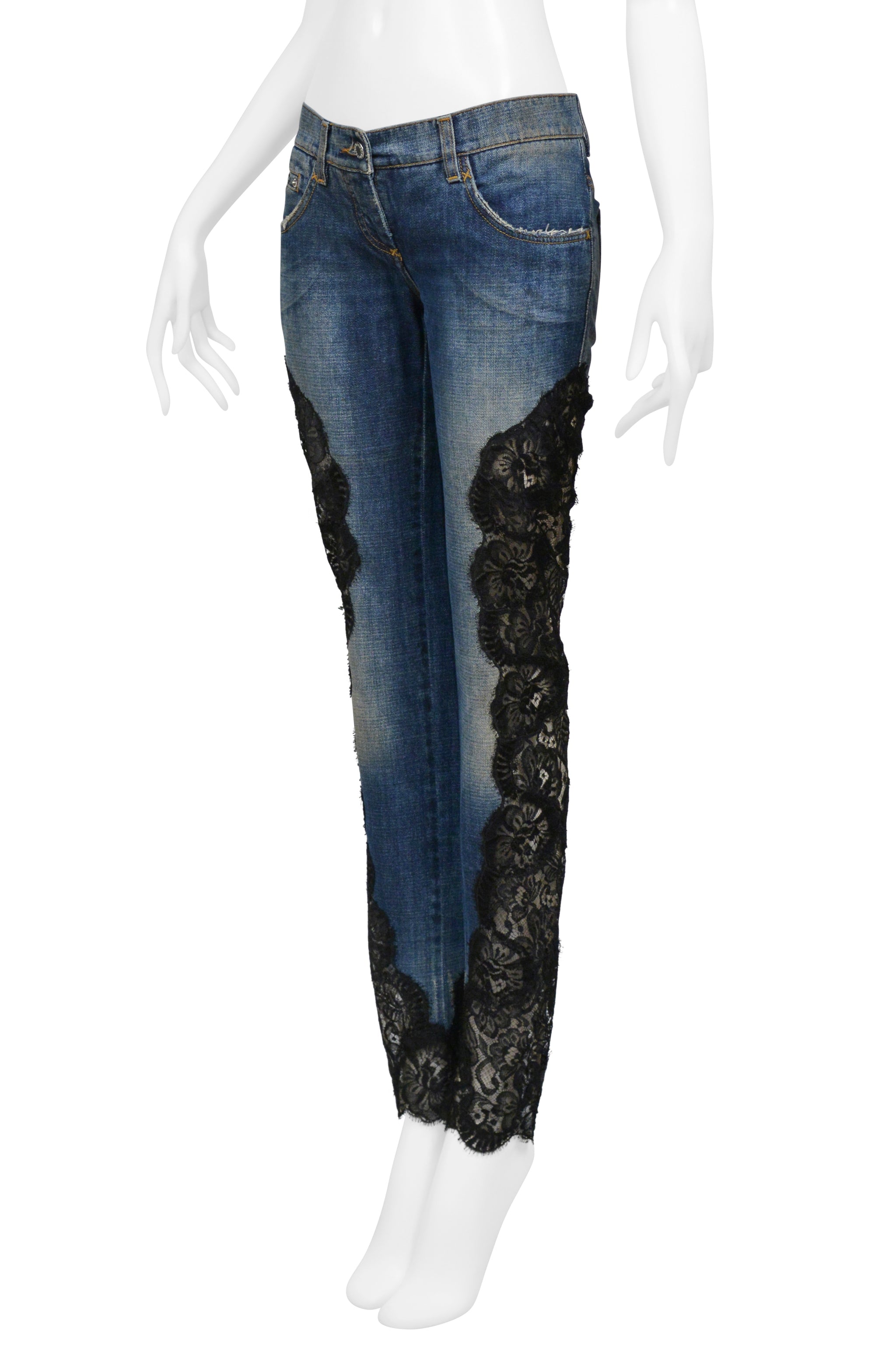DOLCE & GABBANA BLUE DENIM JEANS WITH BLACK LACE SIDE INSETS