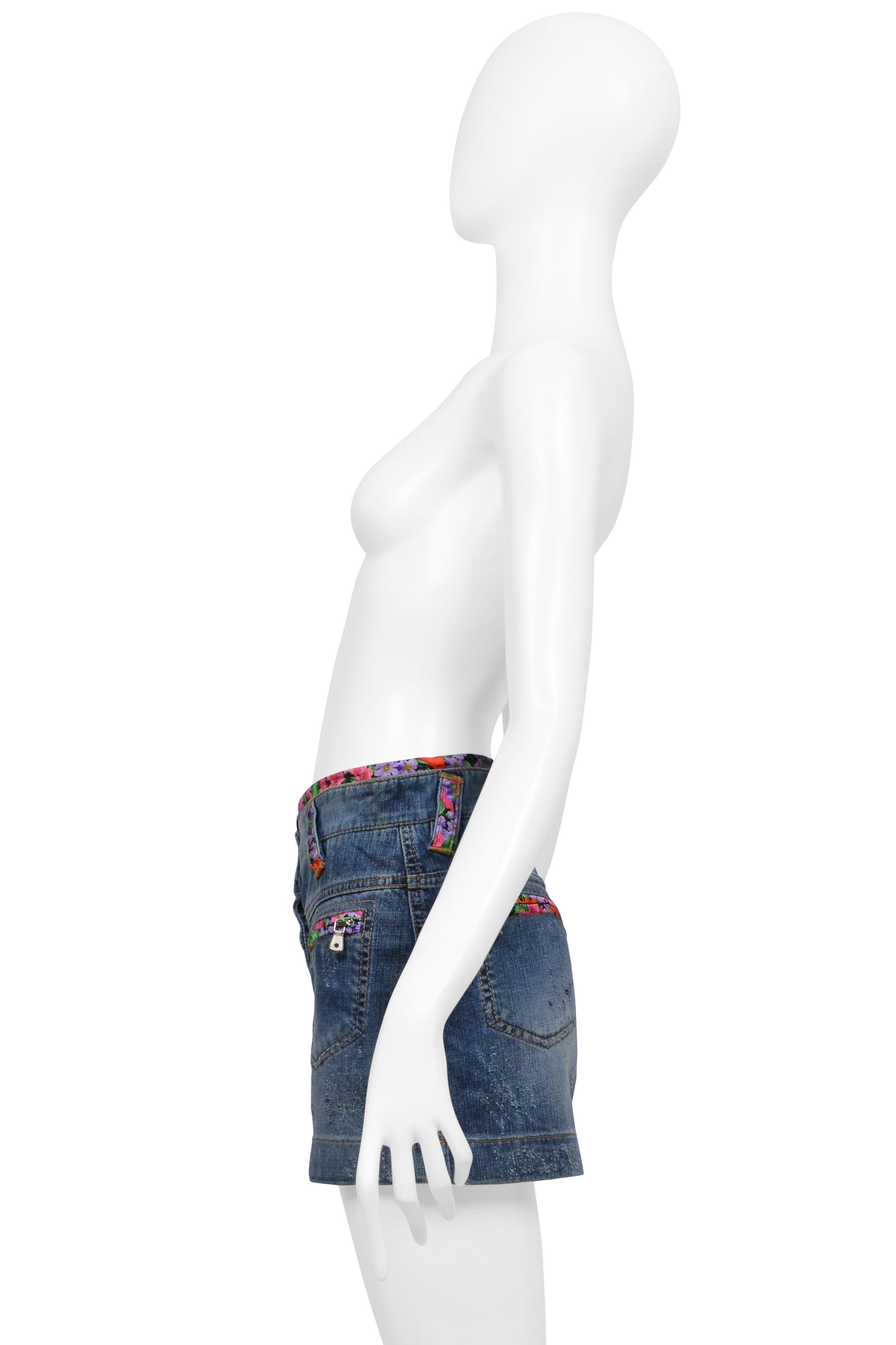 DOLCE & GABBANA BLUE DENIM SUPER-MINI SKIRT WITH FLORAL TRIM
