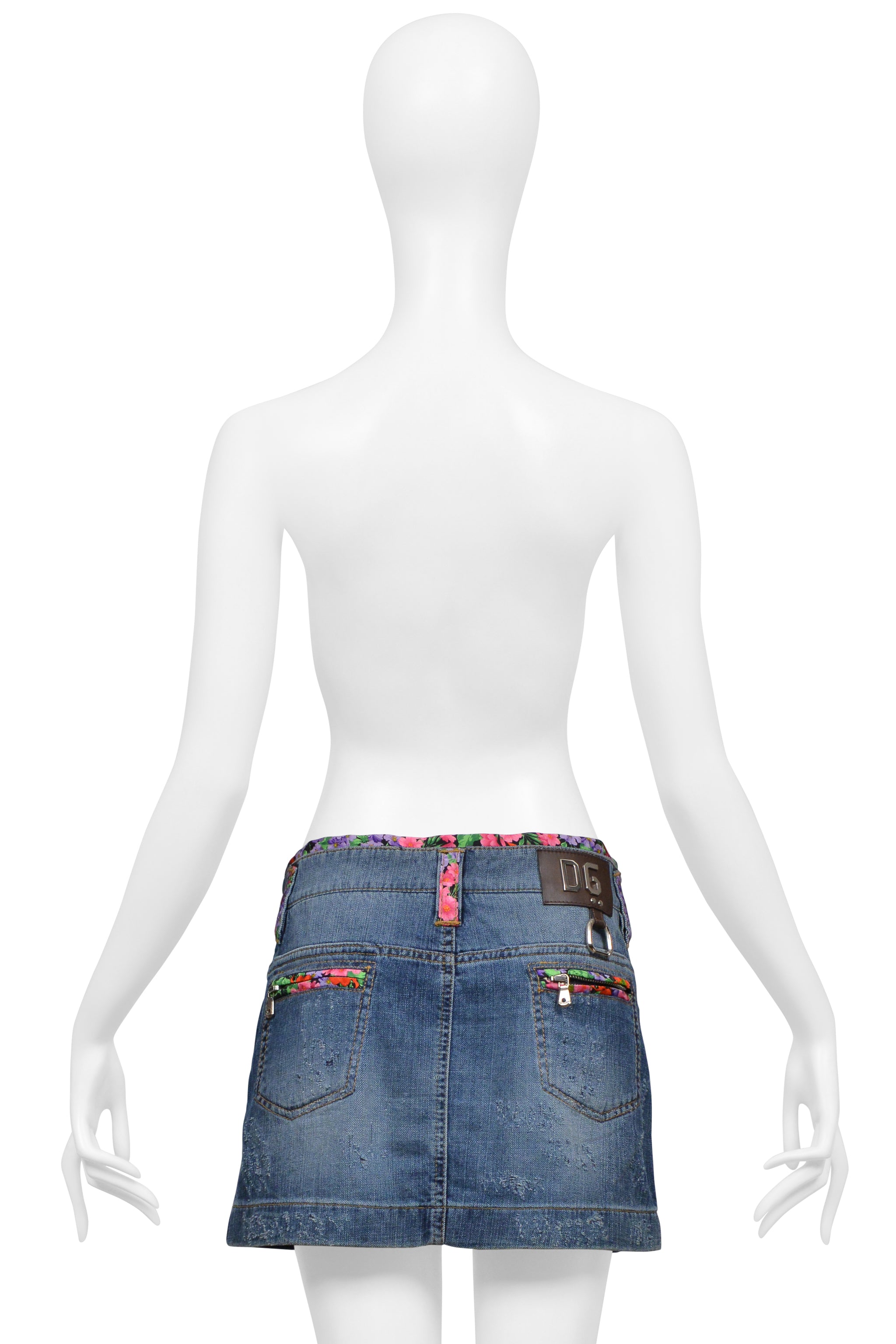 DOLCE & GABBANA BLUE DENIM SUPER-MINI SKIRT WITH FLORAL TRIM