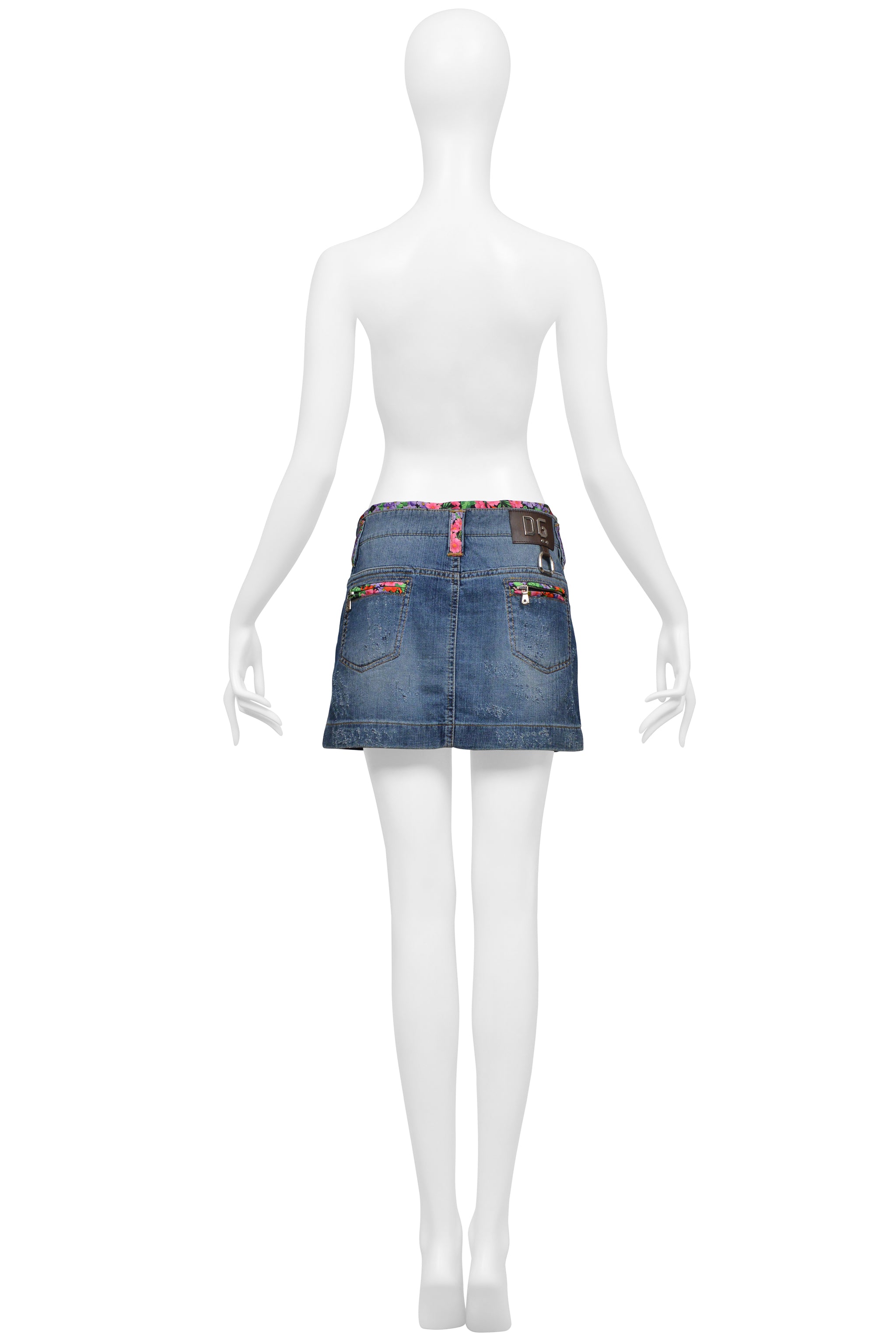 DOLCE & GABBANA BLUE DENIM SUPER-MINI SKIRT WITH FLORAL TRIM