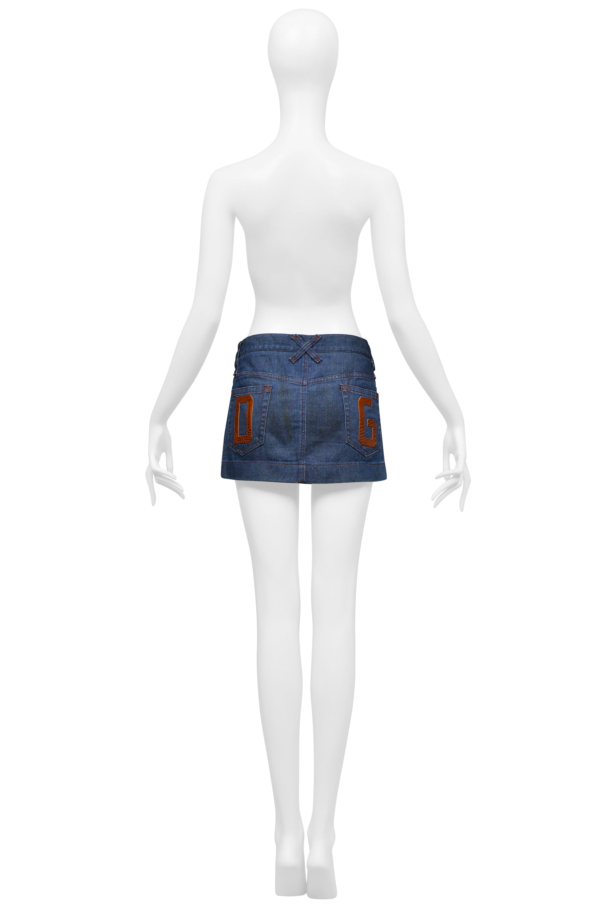 DOLCE & GABBANA BLUE DENIM SUPER-MINI SKIRT WITH BROWN LEATHER EMBOSSED D&G