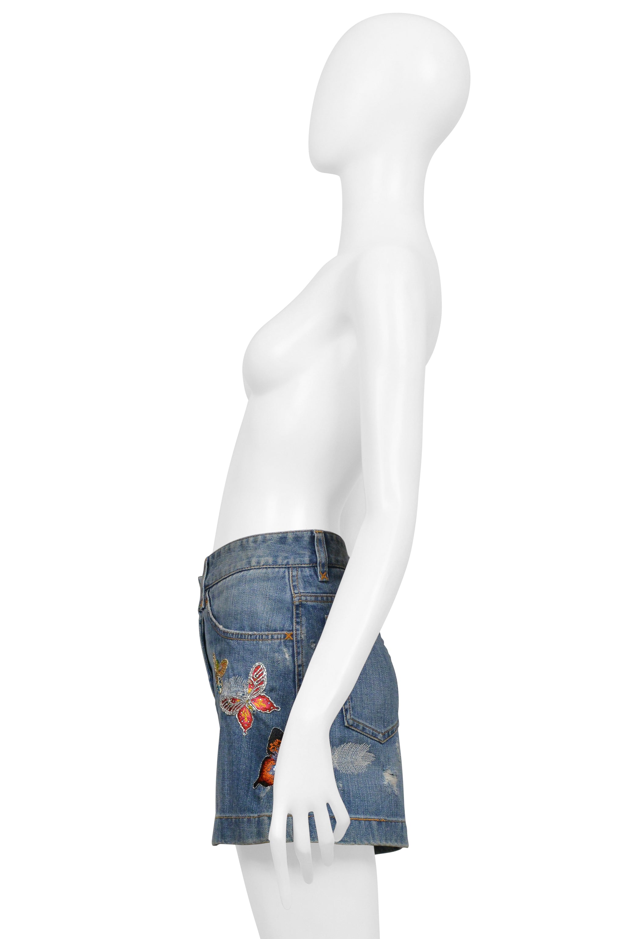 DOLCE & GABBANA BLUE DENIM SUPER-MINI SKIRT WITH EMBROIDERED BUTTERFLIES
