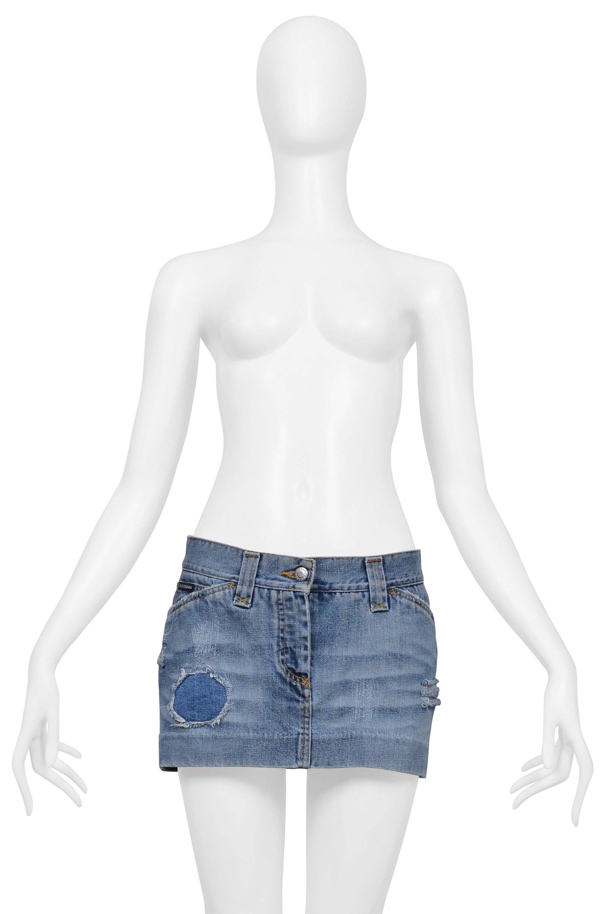 DOLCE & GABBANA BLUE DENIM WASH DISTRESSED SUPER-MINI SKIRT WITH RHINESTONES