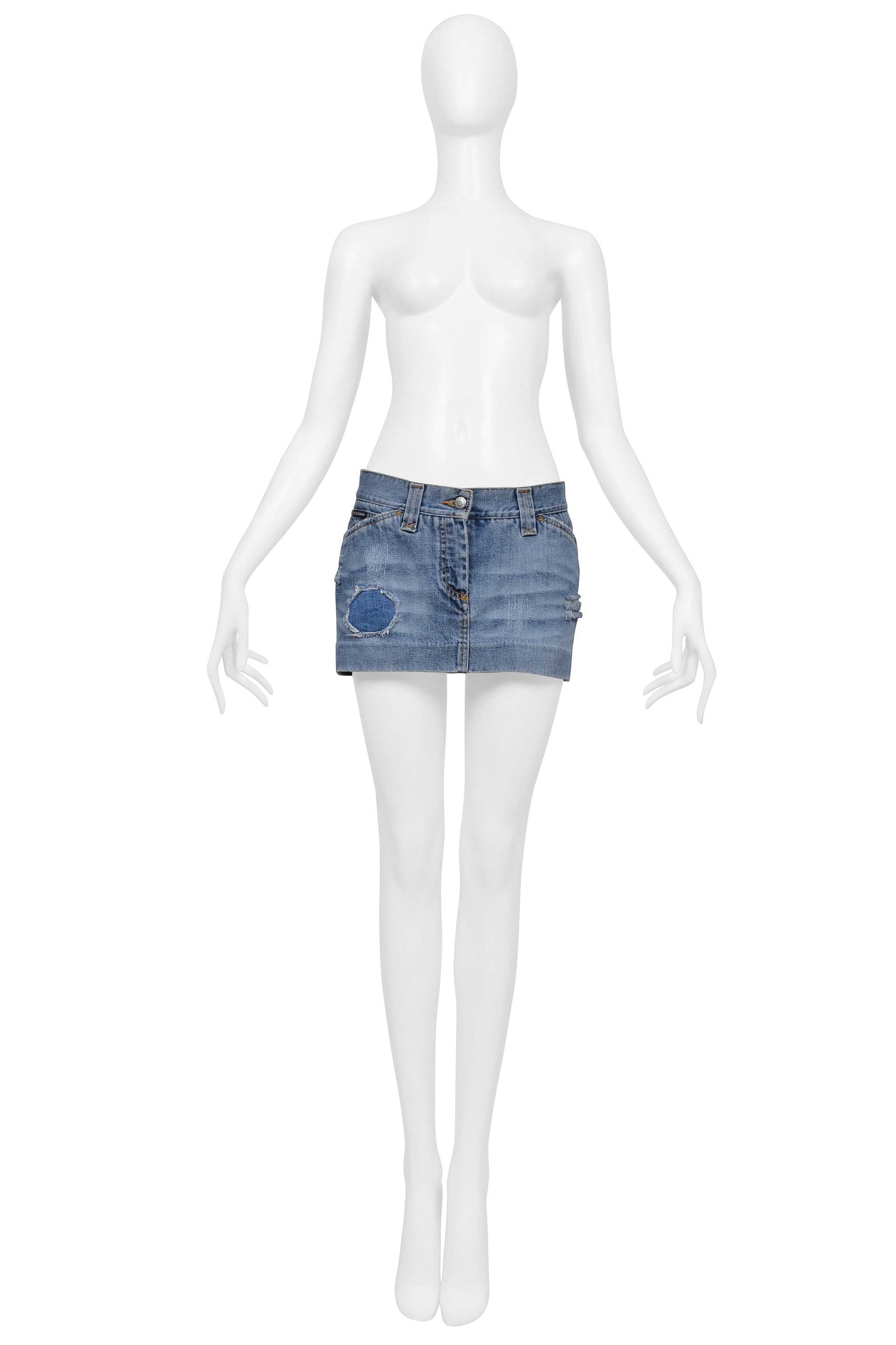 DOLCE & GABBANA BLUE DENIM WASH DISTRESSED SUPER-MINI SKIRT WITH RHINESTONES