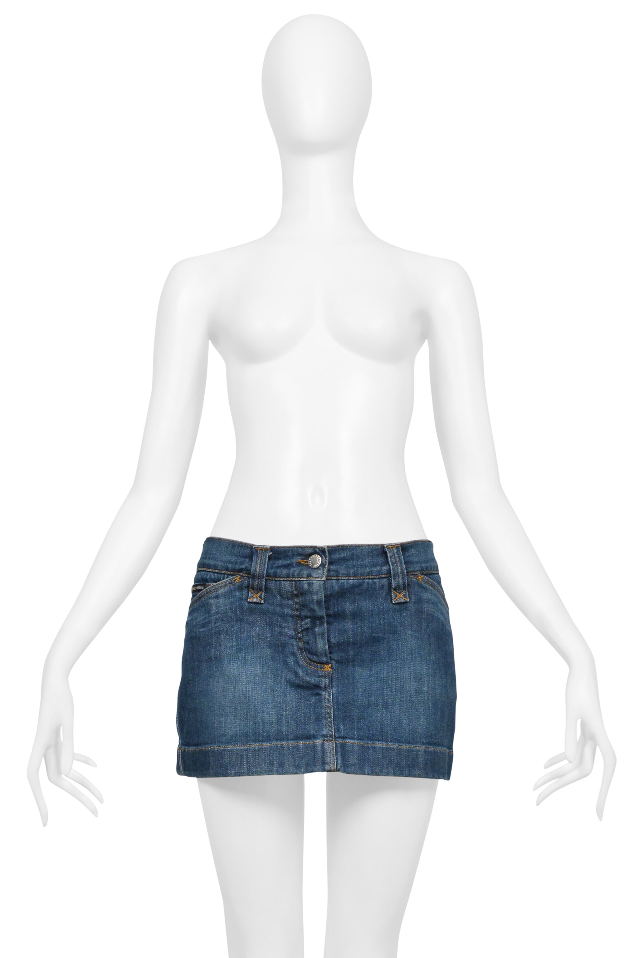 DOLCE & GABBANA BLUE DENIM WASH SUPER-MINI SKIRT W D&G EMBROIDERED FLOWERS