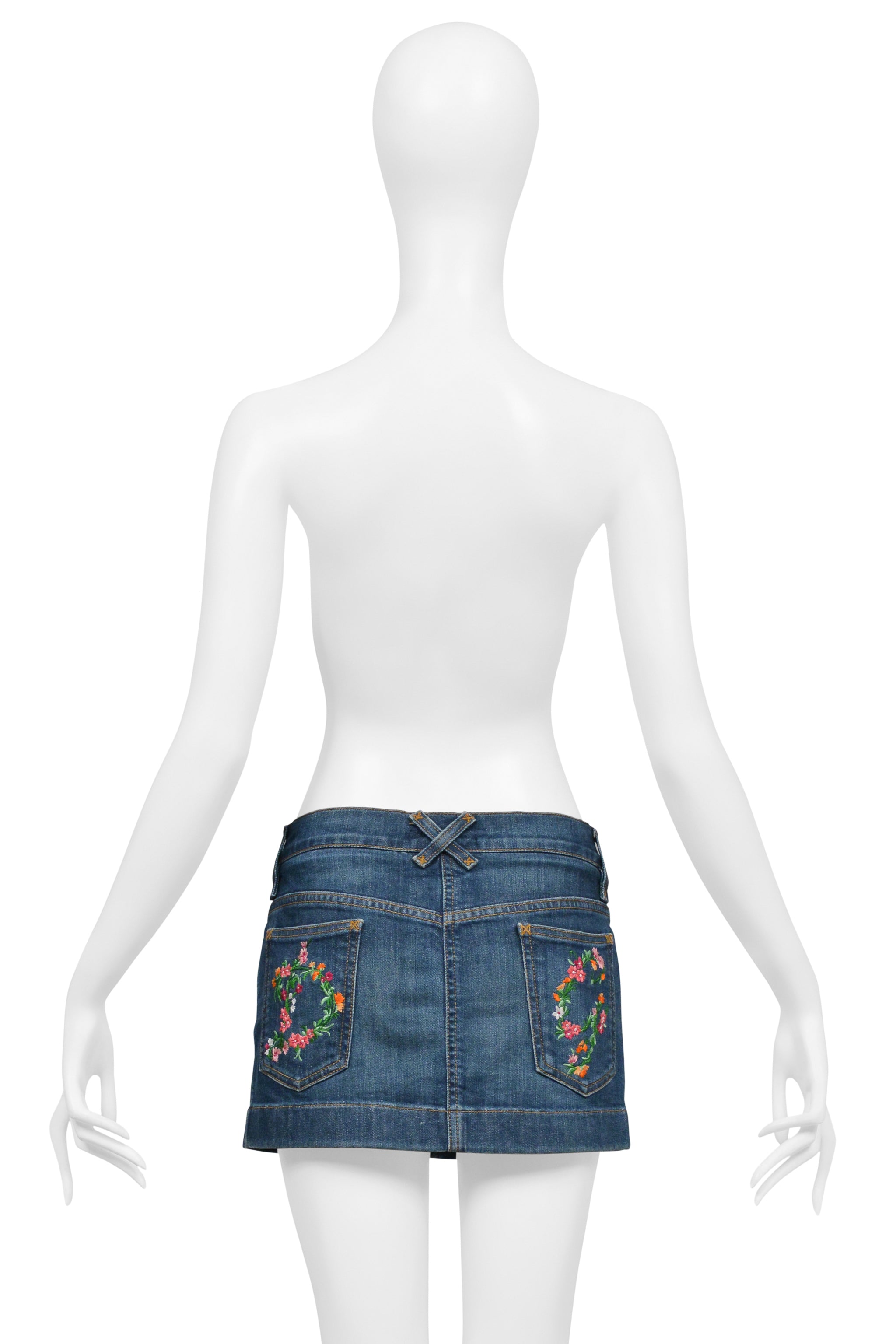 DOLCE & GABBANA BLUE DENIM WASH SUPER-MINI SKIRT W D&G EMBROIDERED FLOWERS