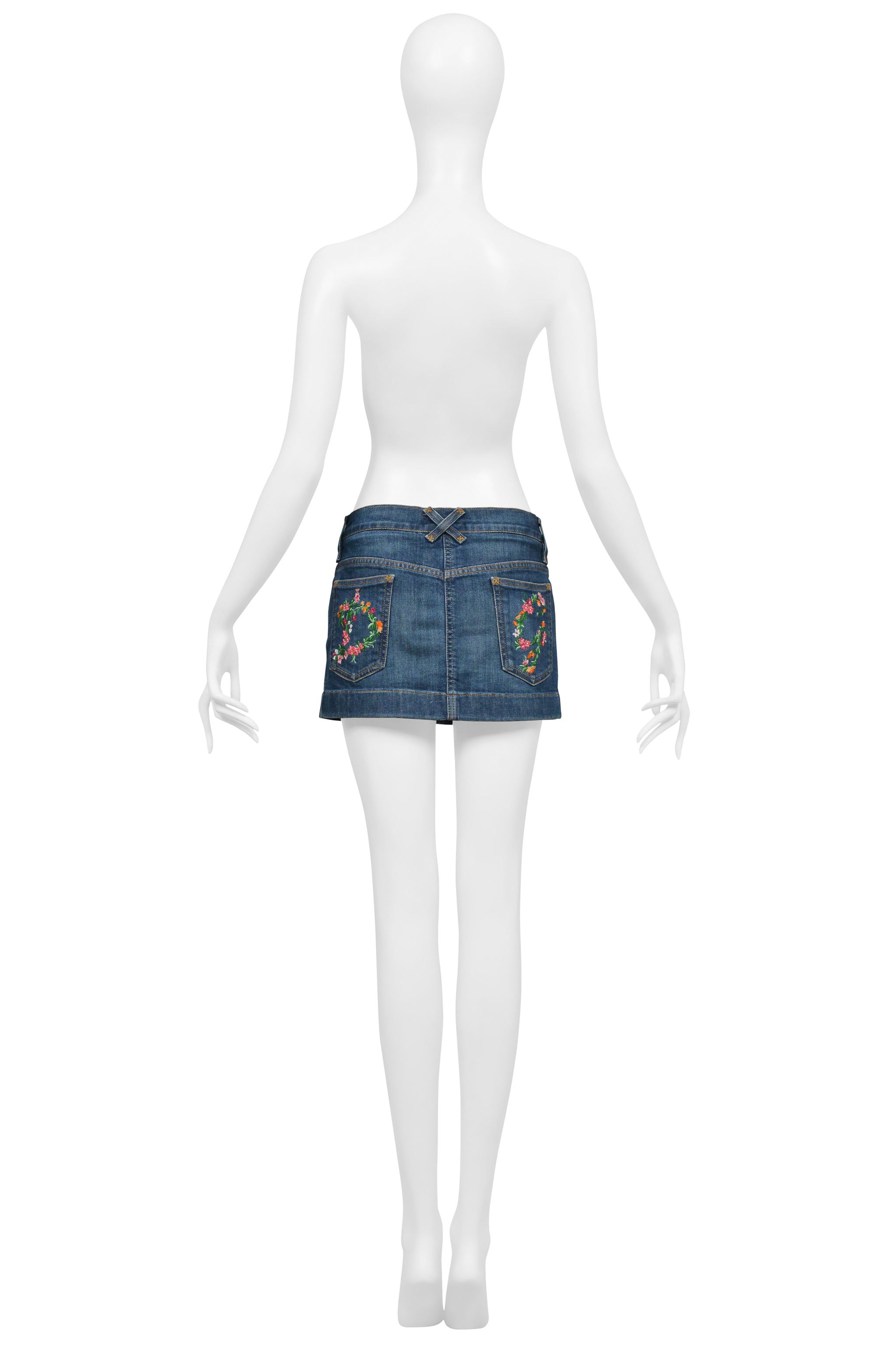 DOLCE & GABBANA BLUE DENIM WASH SUPER-MINI SKIRT W D&G EMBROIDERED FLOWERS