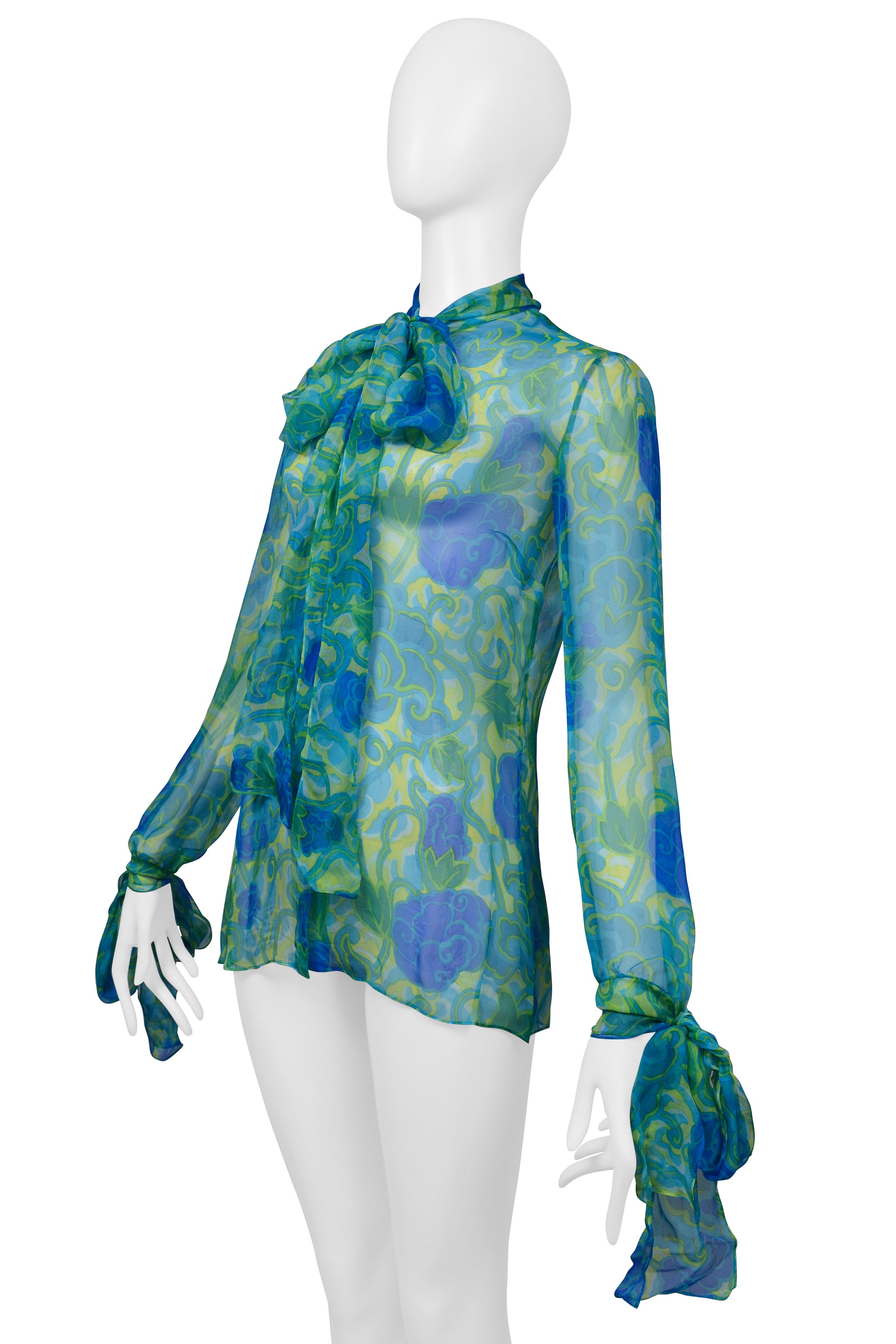 DOLCE & GABBANA BLUE & GREEN FLORAL CHIFFON PUSSY BOW BLOUSE