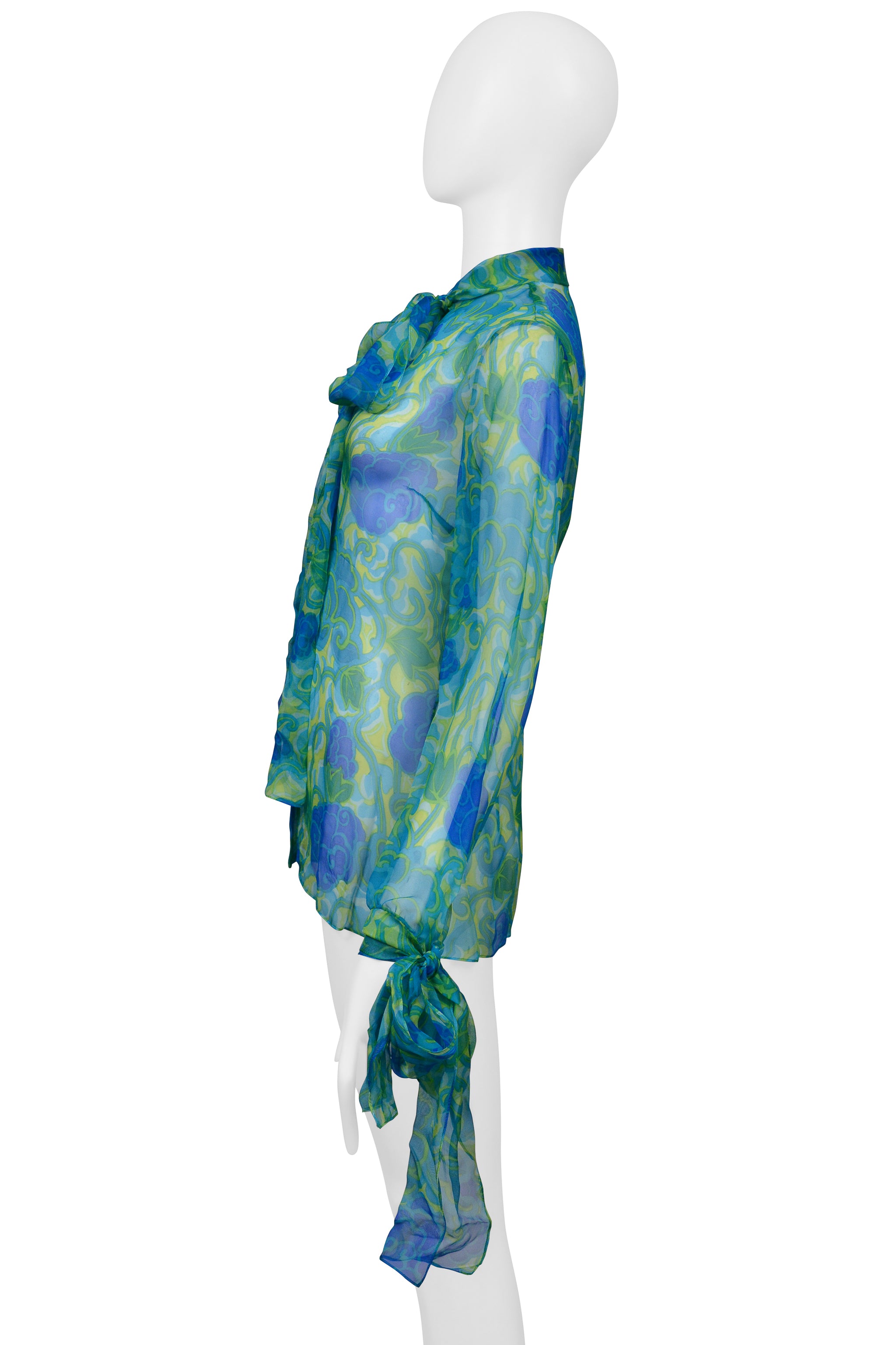 DOLCE & GABBANA BLUE & GREEN FLORAL CHIFFON PUSSY BOW BLOUSE